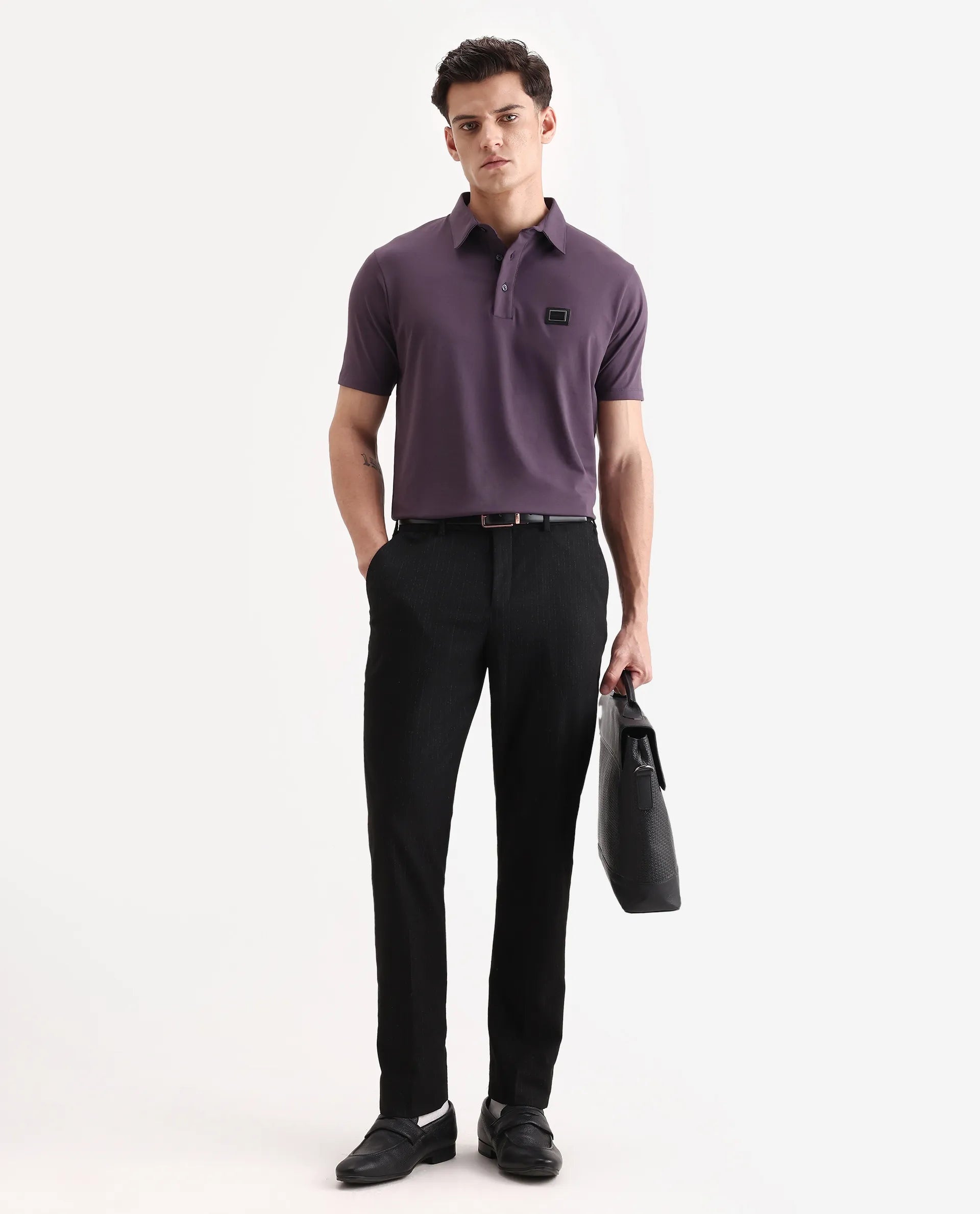 Rare Rabbit Men's Badger-A25 Dark Purple Cotton Blend Plain Regular Fit Half Sleeve Plain Polo