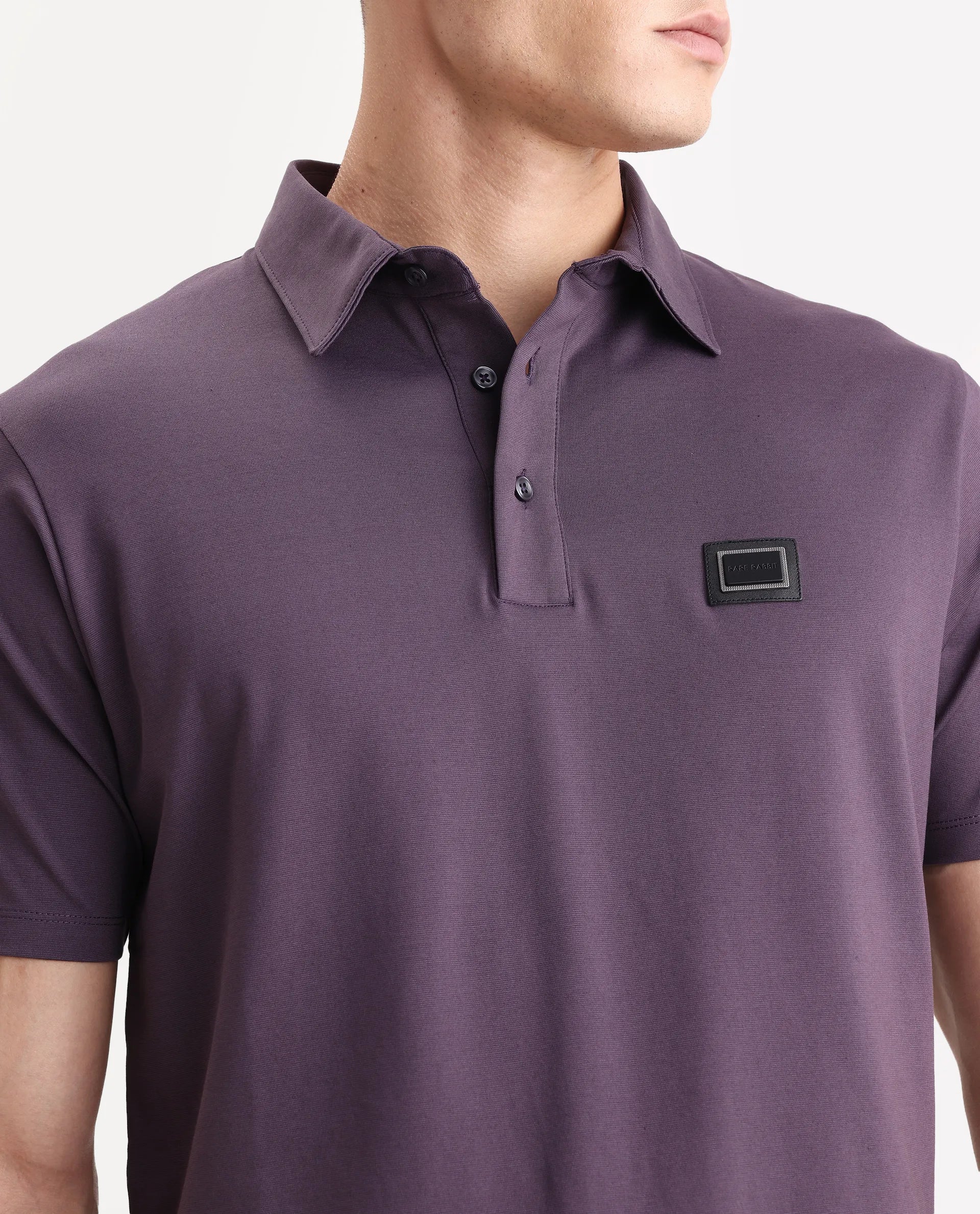 Rare Rabbit Men's Badger-A25 Dark Purple Cotton Blend Plain Regular Fit Half Sleeve Plain Polo