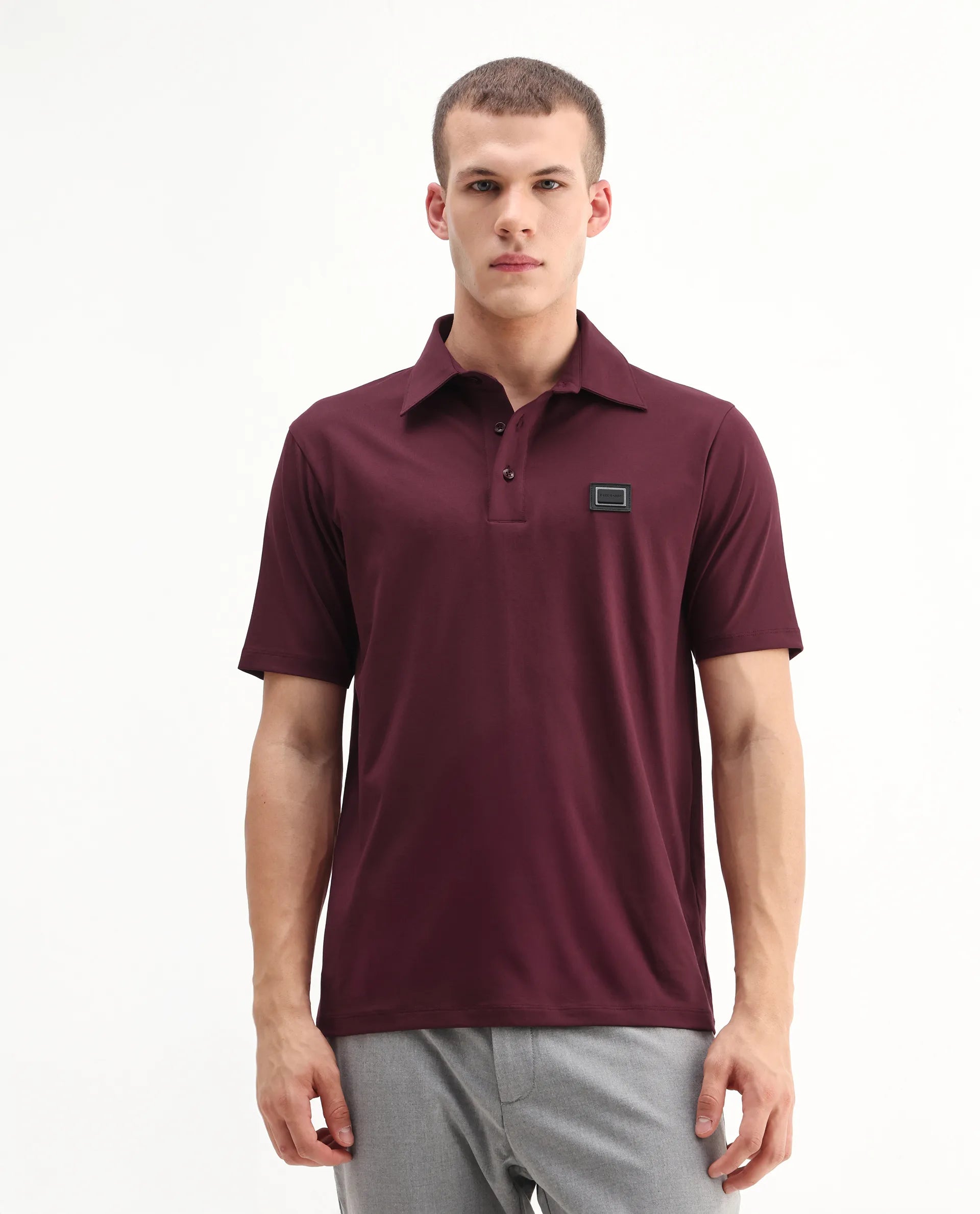 Rare Rabbit Men's Badger-A25 Dark Maroon Cotton Blend Plain Regular Fit Half Sleeve Plain Polo