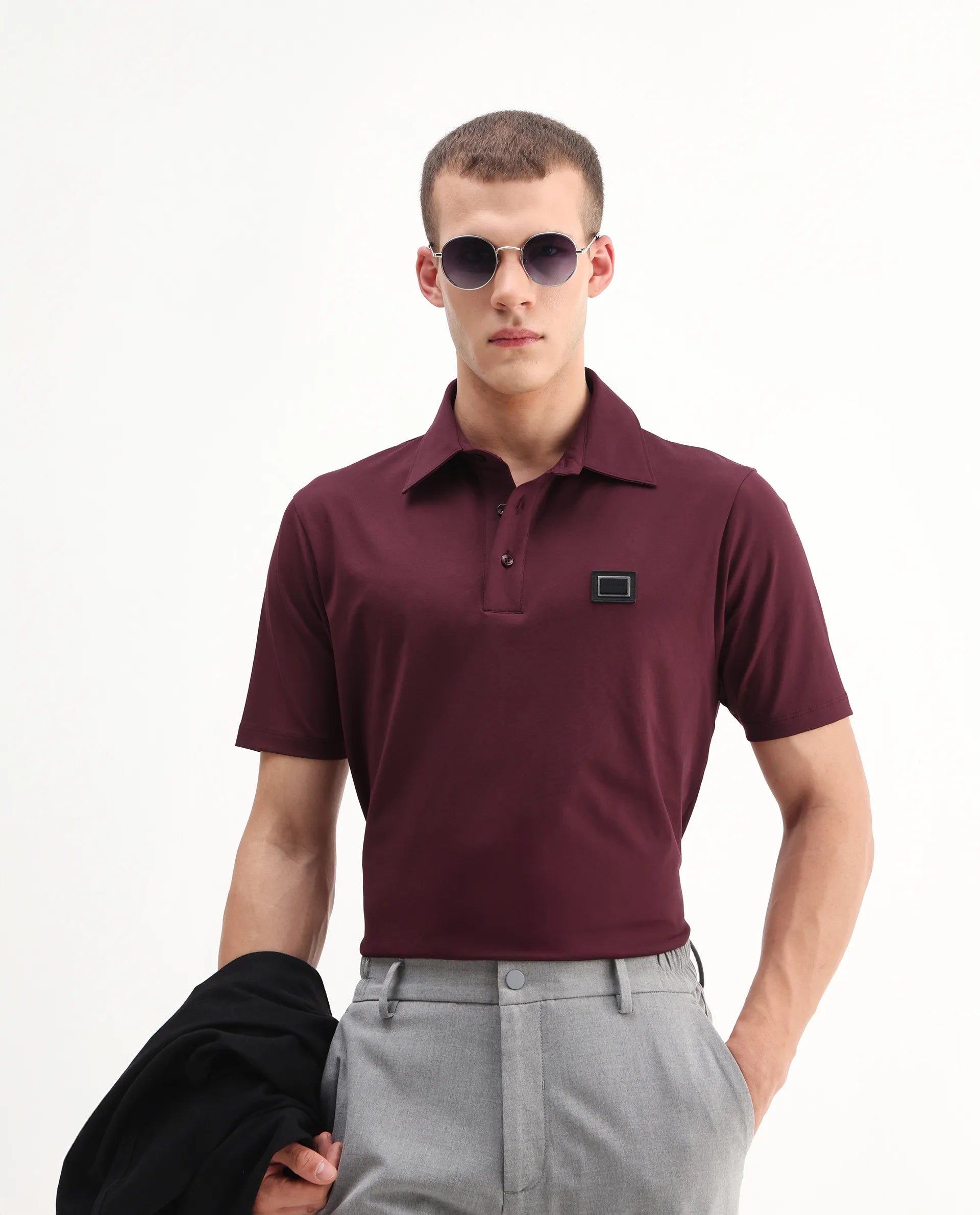 Rare Rabbit Men's Badger-25 Dark Brown Cotton Blend Plain Regular Fit Half Sleeve Polo