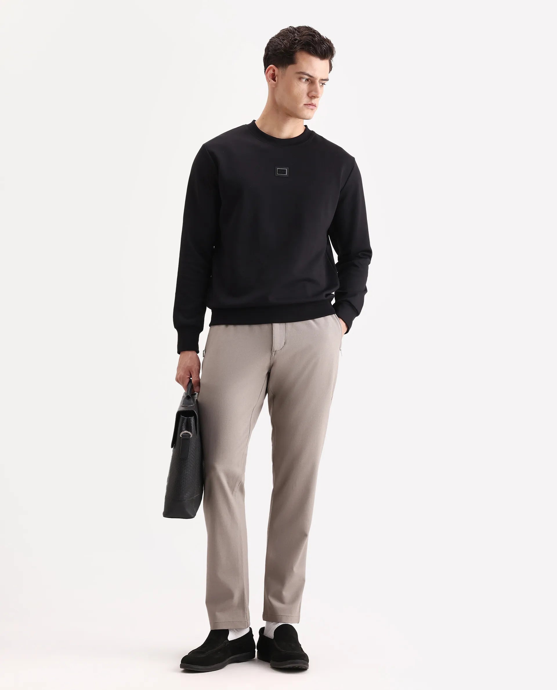 Rare Rabbit Men's Badget-25 Black Cotton Blend Badge Print Regular Fit Full Sleeve Crew Neck Sweatshirt