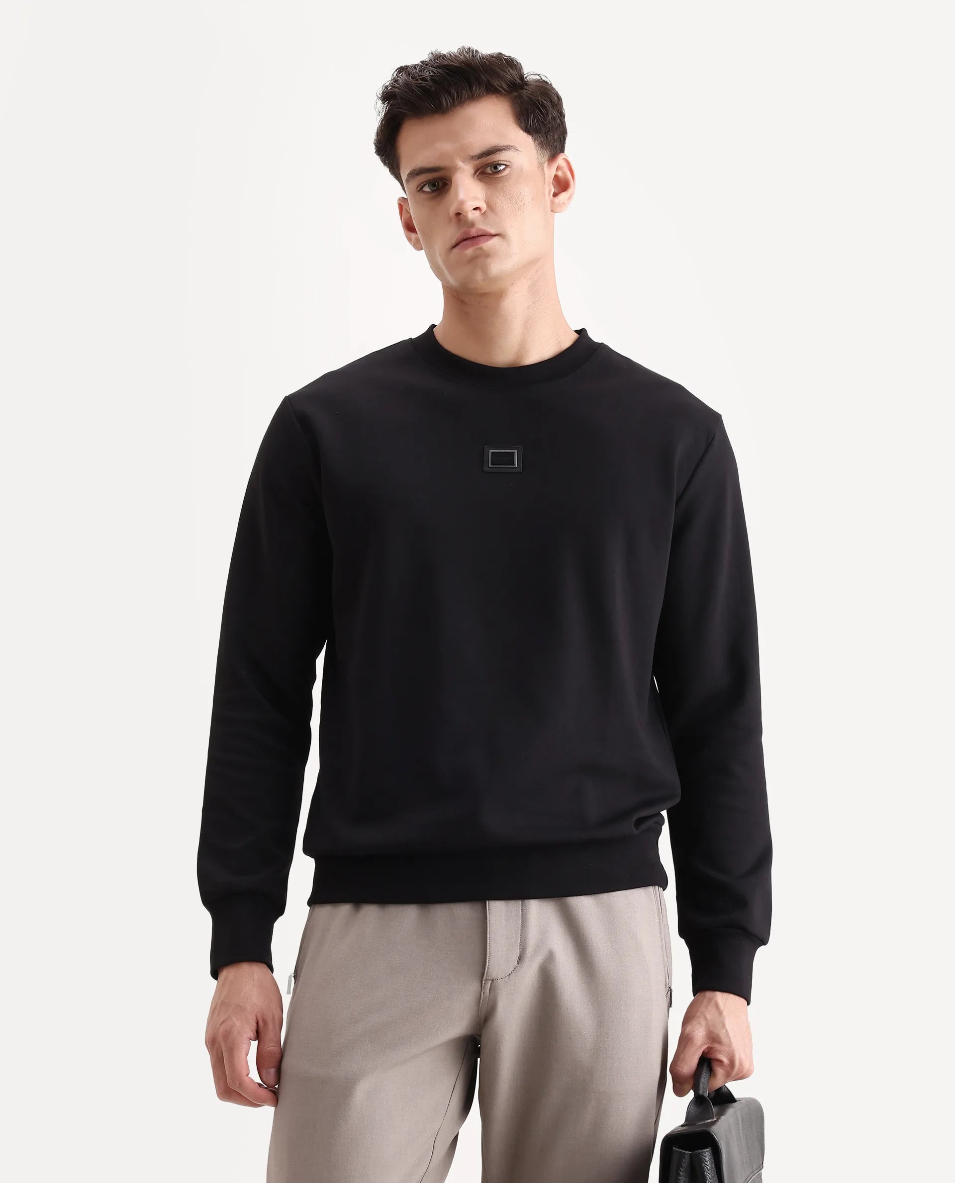 Rare Rabbit Men's Badget-25 Black Cotton Blend Badge Print Regular Fit Full Sleeve Crew Neck Sweatshirt