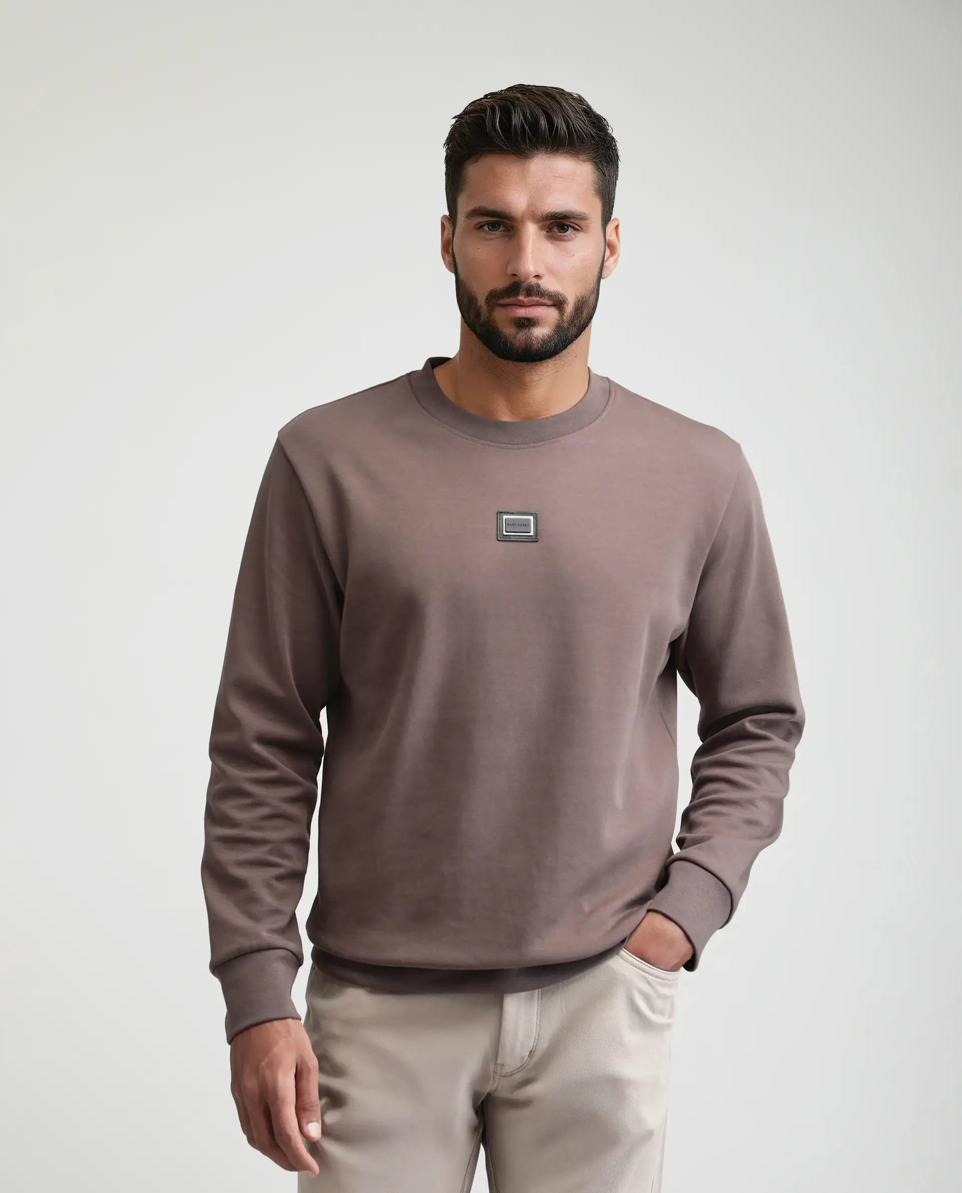 Rare Rabbit Men's Badget-25 Dusky Brown Cotton Blend Badge Print Regular Fit Full Sleeve Crew Neck Sweatshirt