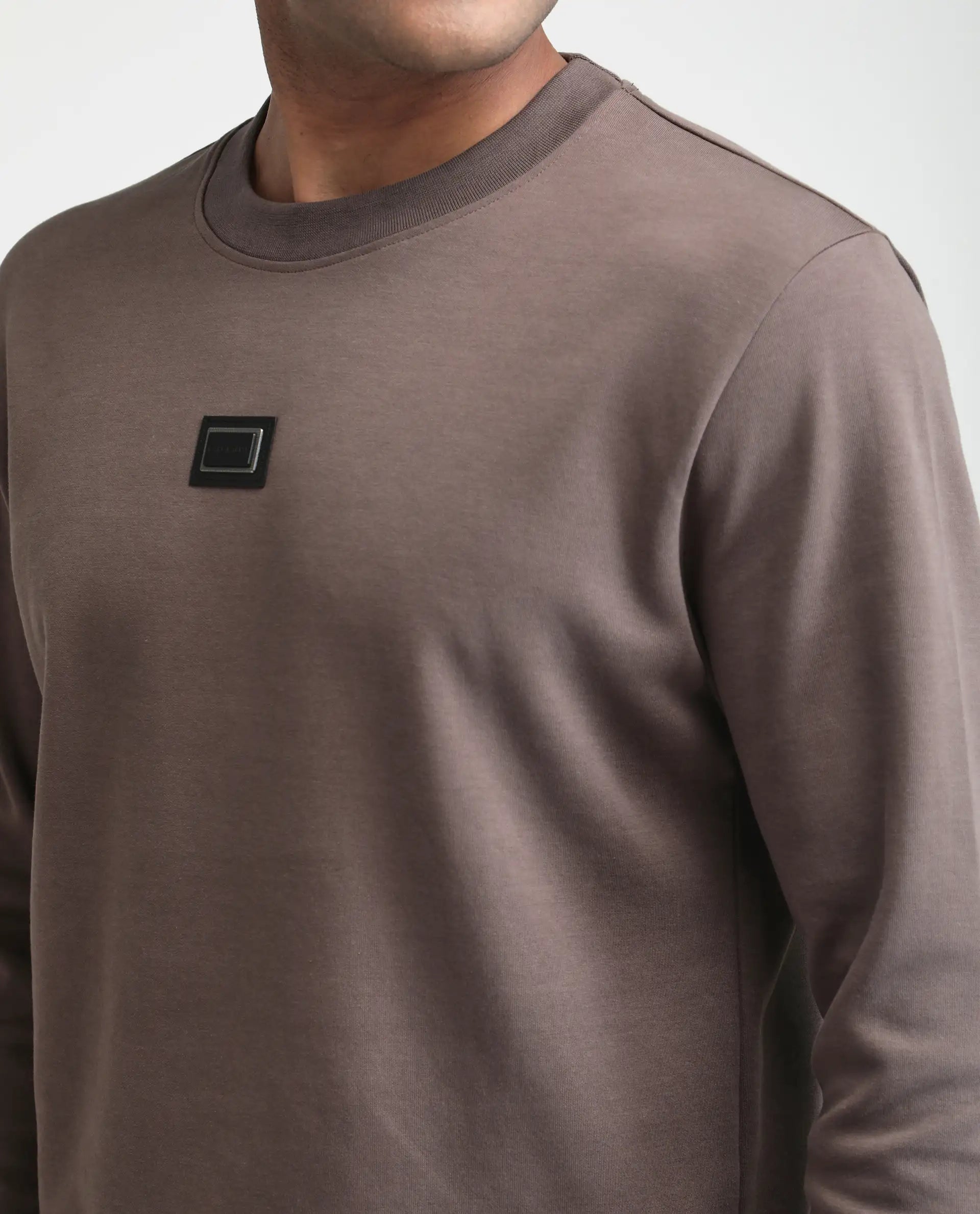 Rare Rabbit Men's Badget-25 Dusky Brown Cotton Blend Badge Print Regular Fit Full Sleeve Crew Neck Sweatshirt