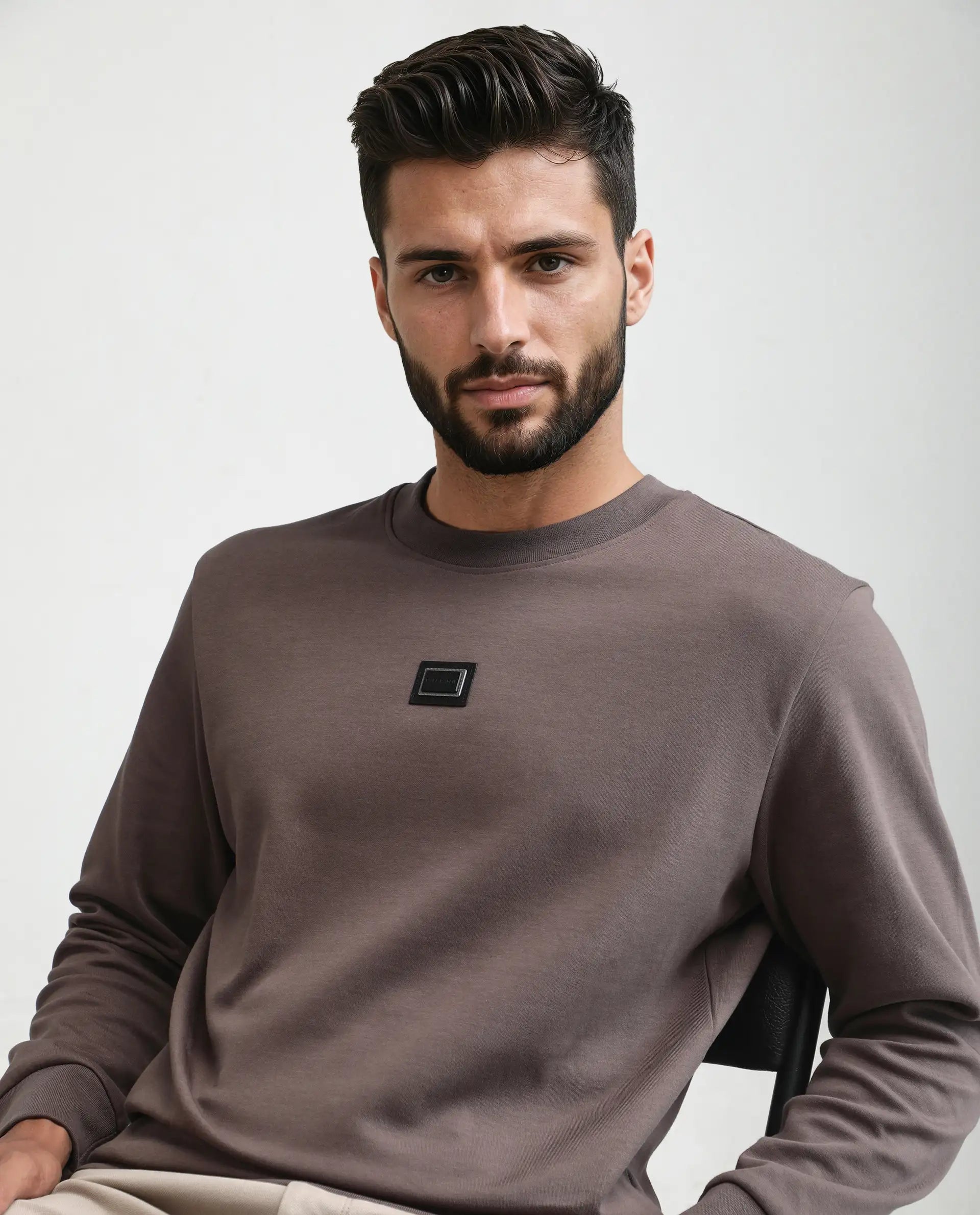 Rare Rabbit Men's Badget-25 Dusky Brown Cotton Blend Badge Print Regular Fit Full Sleeve Crew Neck Sweatshirt