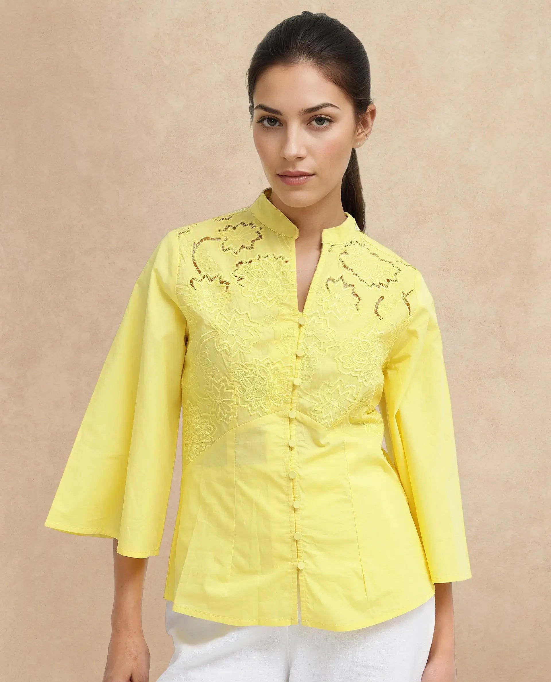 Rareism Women Badgle-T Pastel Yellow Cotton Fabric Full Sleeve Collared Neck Embroidered Top