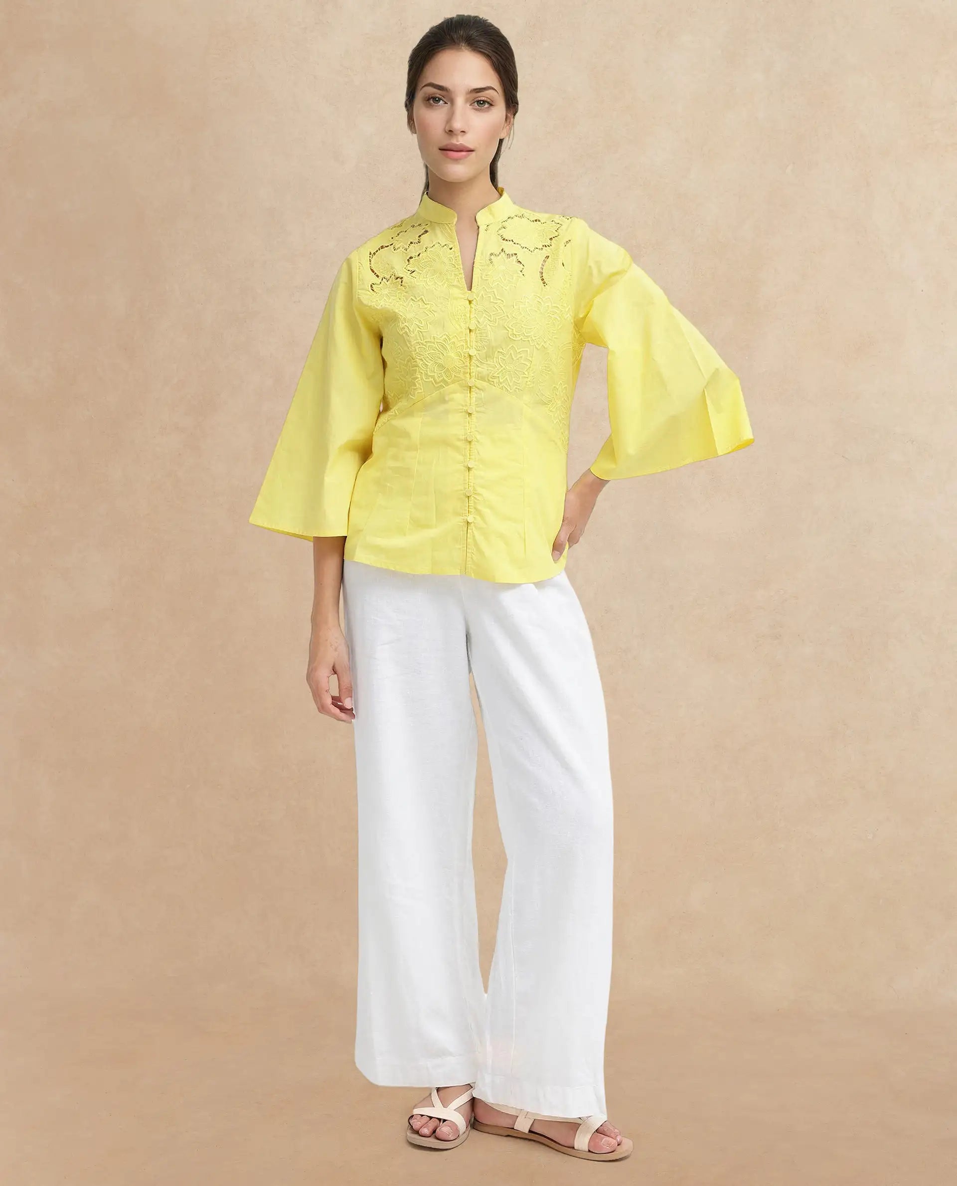 Rareism Women Badgle-T Pastel Yellow Cotton Fabric Full Sleeve Collared Neck Embroidered Top