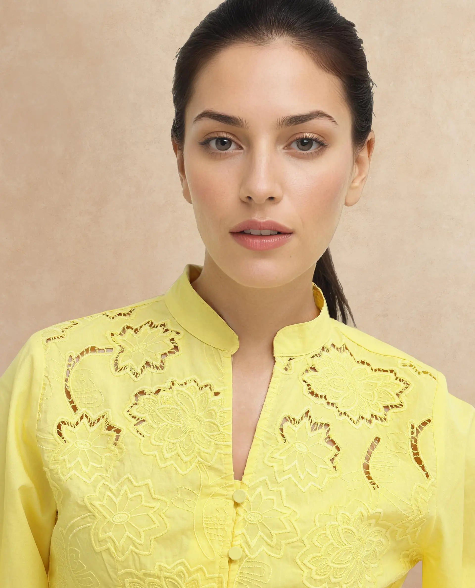 Rareism Women Badgle-T Pastel Yellow Cotton Fabric Full Sleeve Collared Neck Embroidered Top