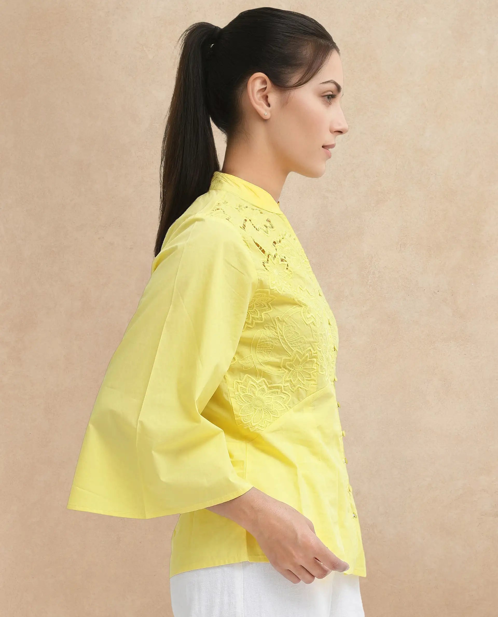 Rareism Women Badgle-T Pastel Yellow Cotton Fabric Full Sleeve Collared Neck Embroidered Top