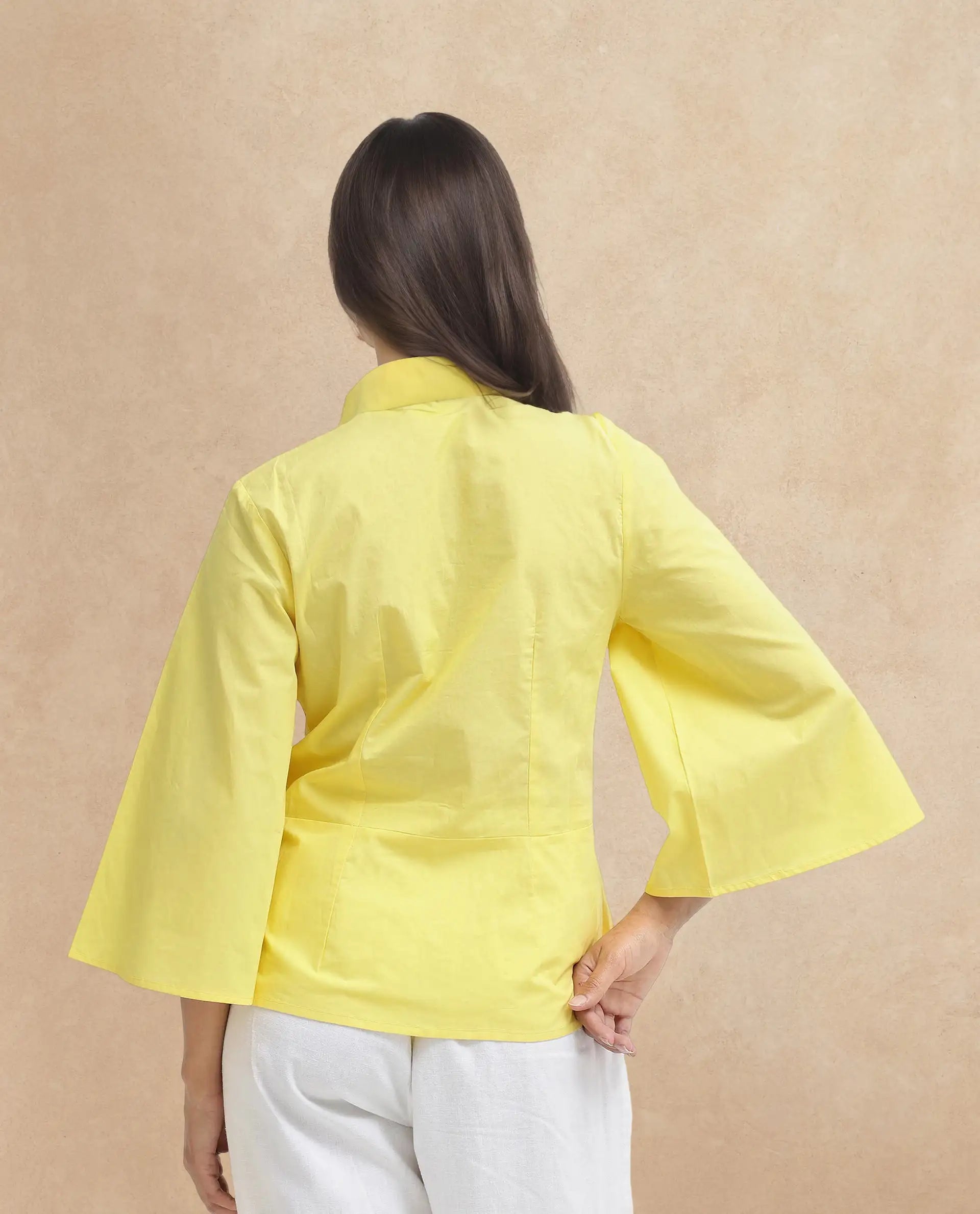 Rareism Women Badgle-T Pastel Yellow Cotton Fabric Full Sleeve Collared Neck Embroidered Top