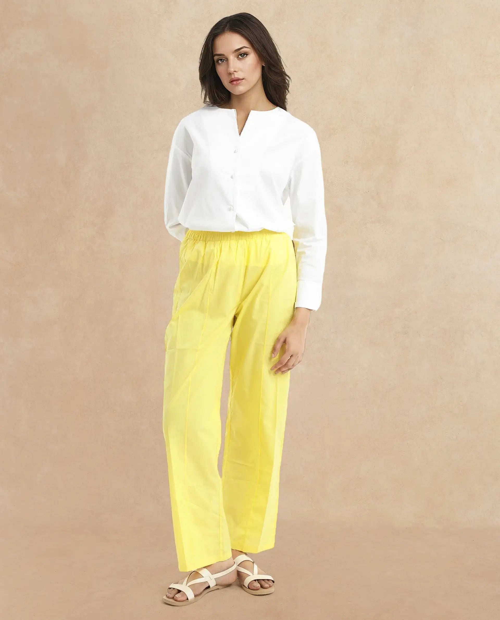 Rareism Women Badgle-B Pastel Yellow Cotton Fabric Regular Length Trouser