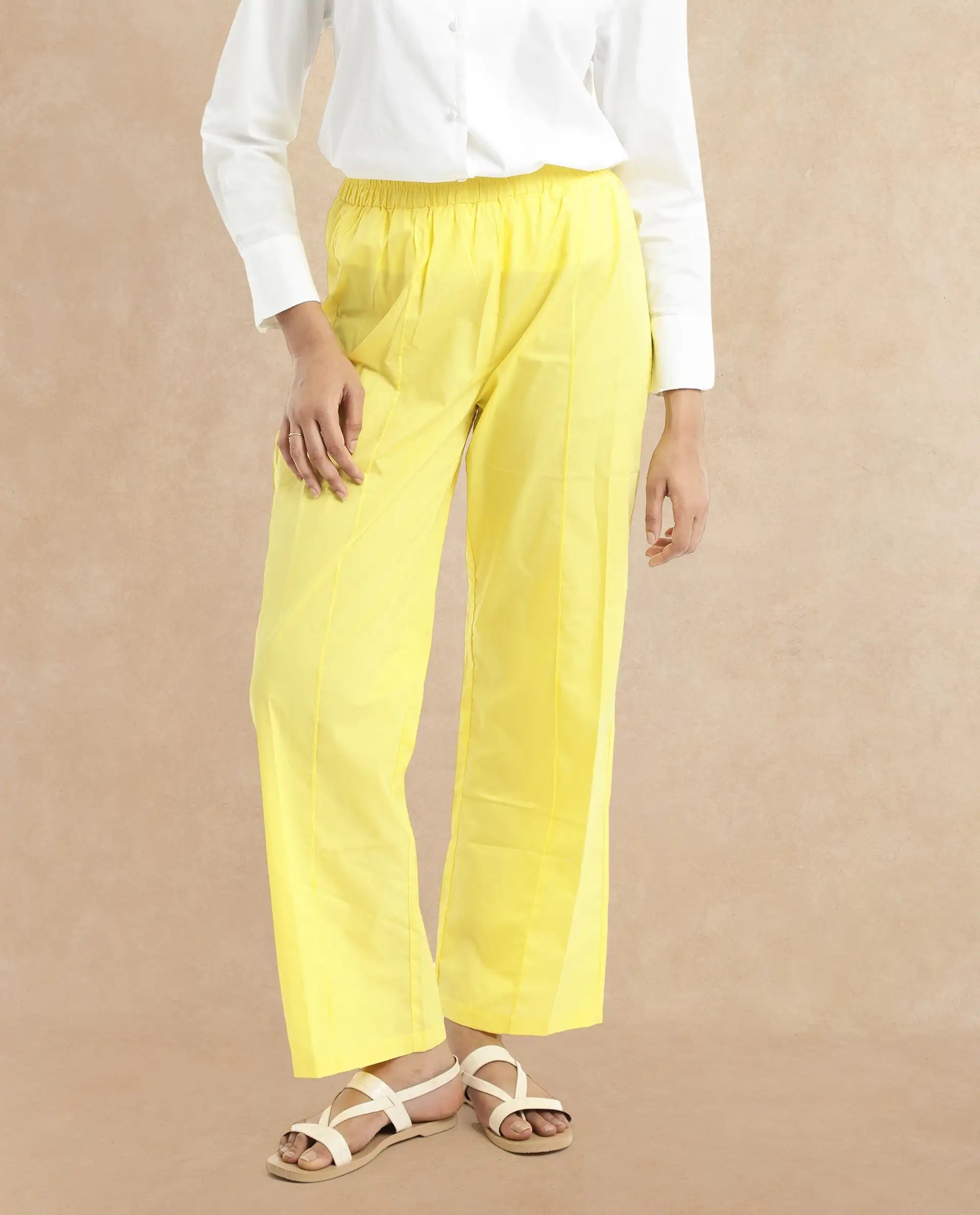 Rareism Women Badgle-B Pastel Yellow Cotton Fabric Regular Length Trouser