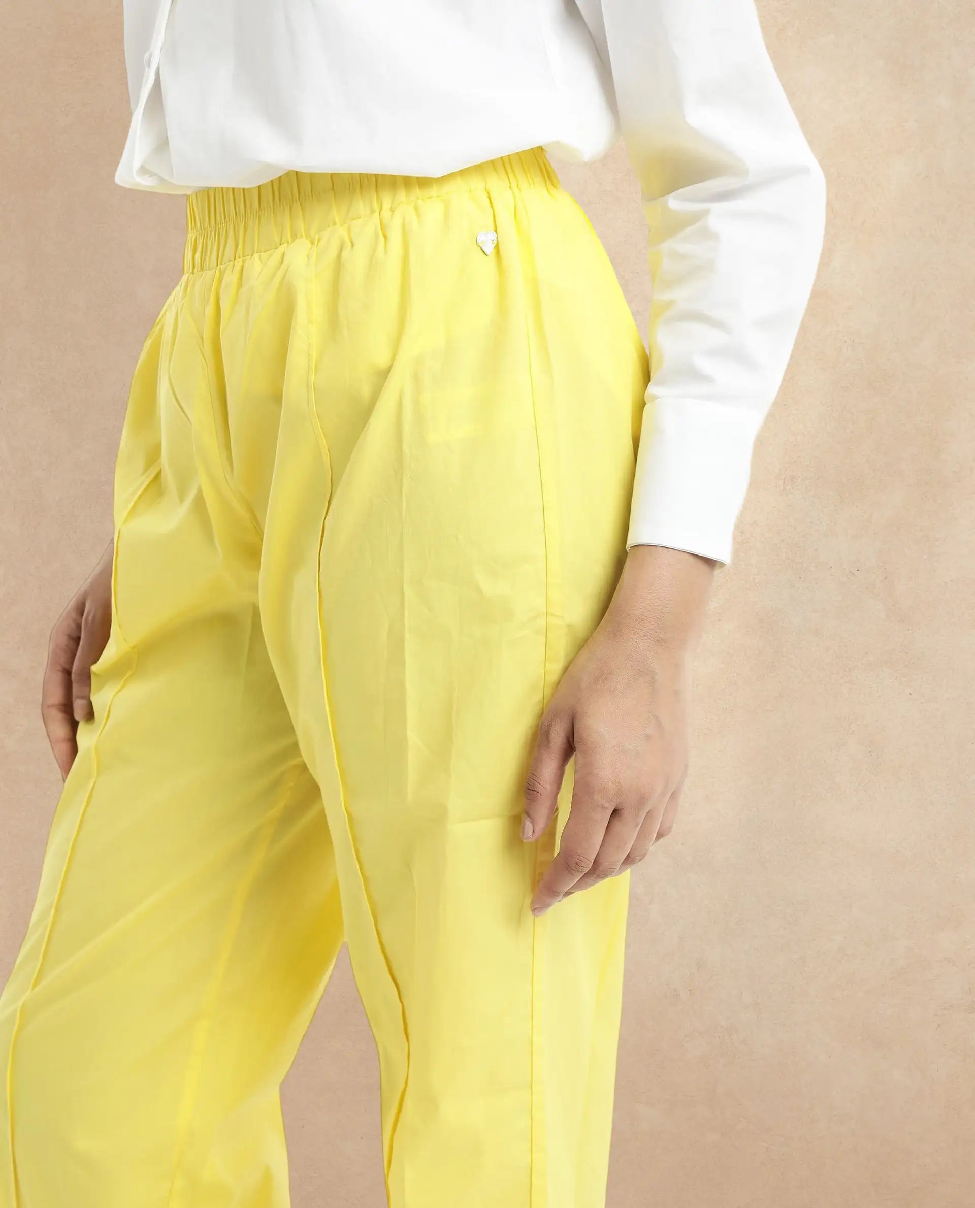 Rareism Women Badgle-B Pastel Yellow Cotton Fabric Regular Length Trouser