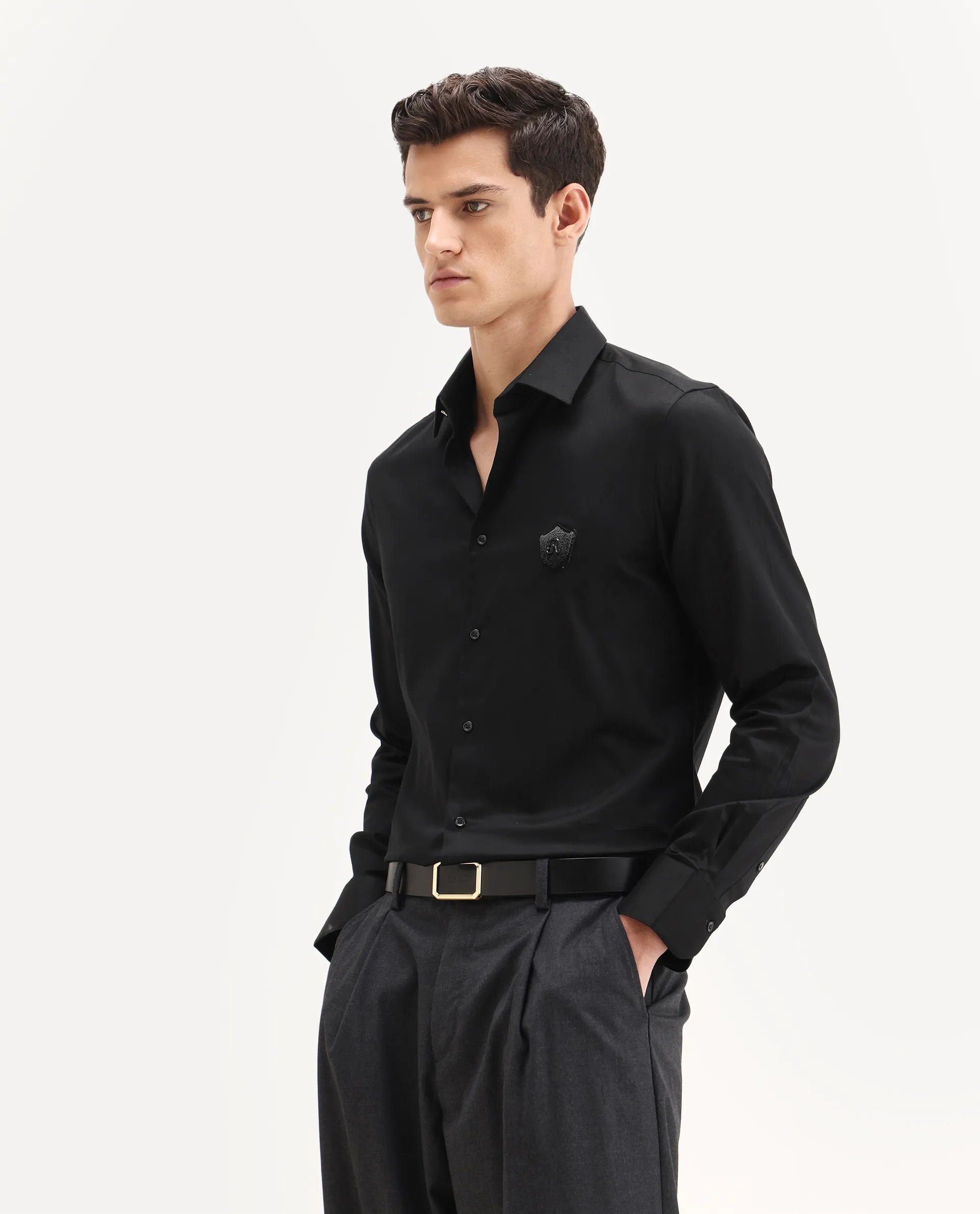 Rare Rabbit Men's Badgo Black Cotton Fabric Spread Collar Regular Fit Plain Shirt