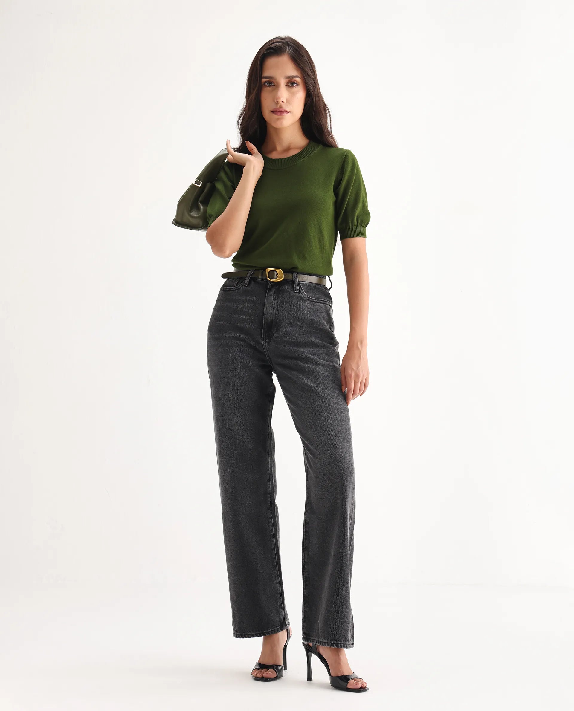 Rareism Women's Baeu Grey Cotton Blend Plain Ankle Length Straight Fit Jeans