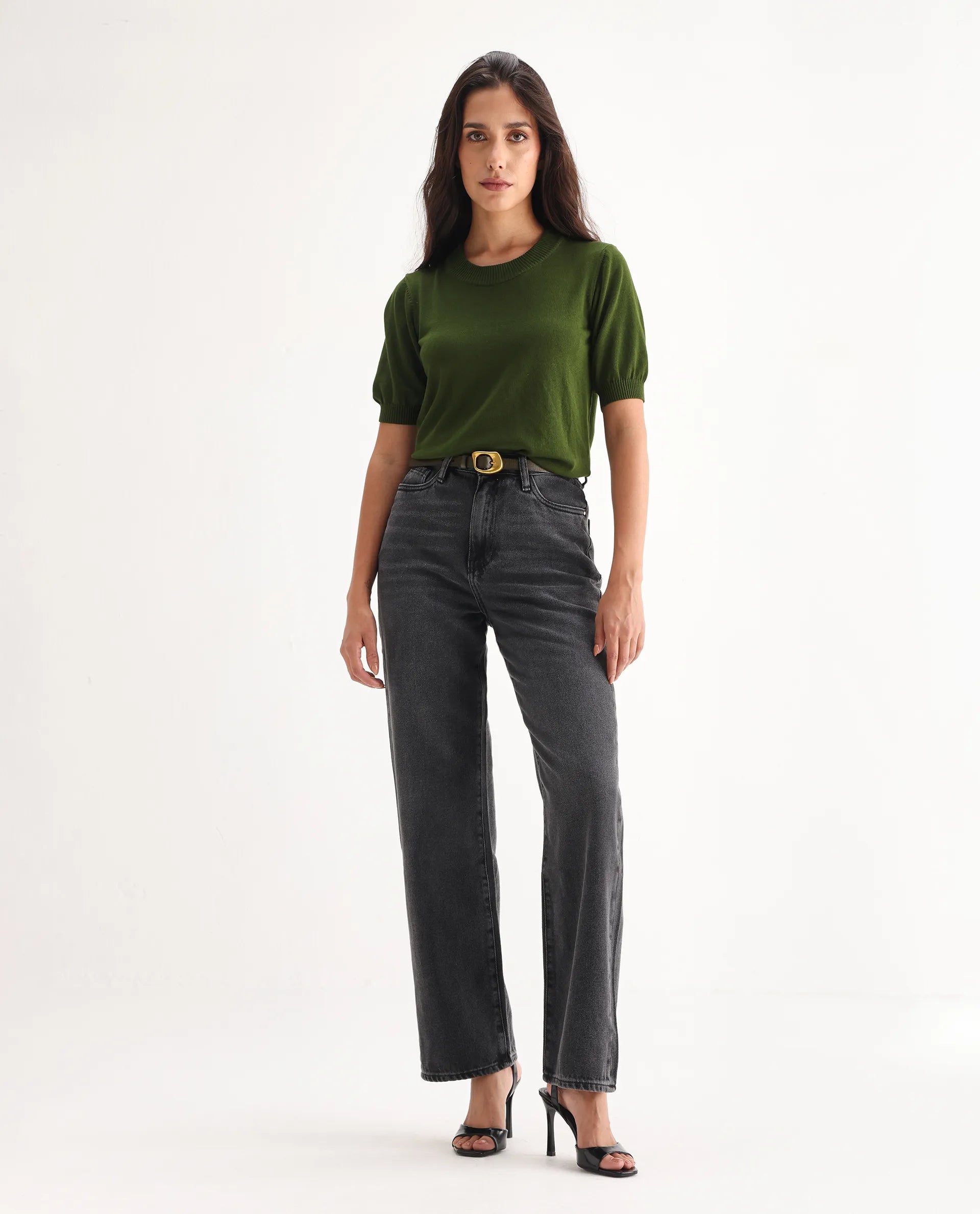 Rareism Women's Baeu Grey Cotton Blend Plain Ankle Length Straight Fit Jeans