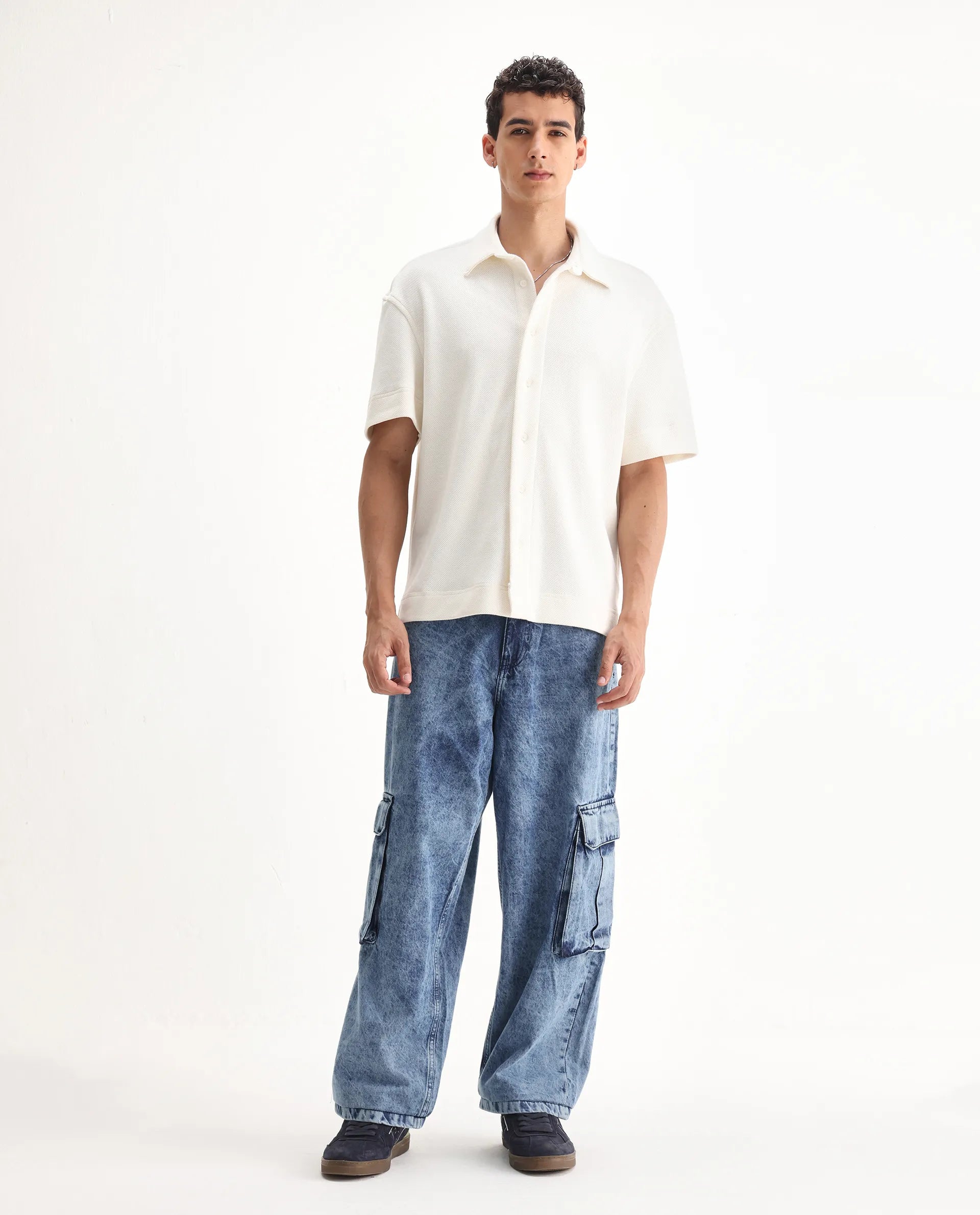 Rare Rabbit Men's Baey Blue Cotton Plain Baggy Fit Jeans