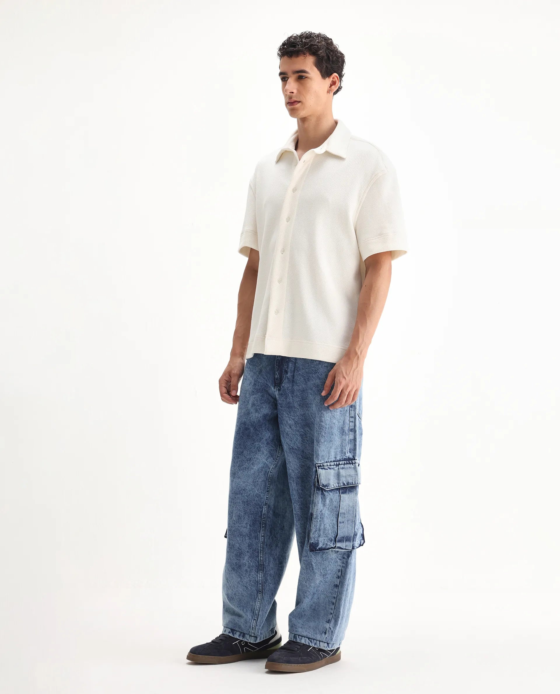 Rare Rabbit Men's Baey Blue Cotton Plain Baggy Fit Jeans