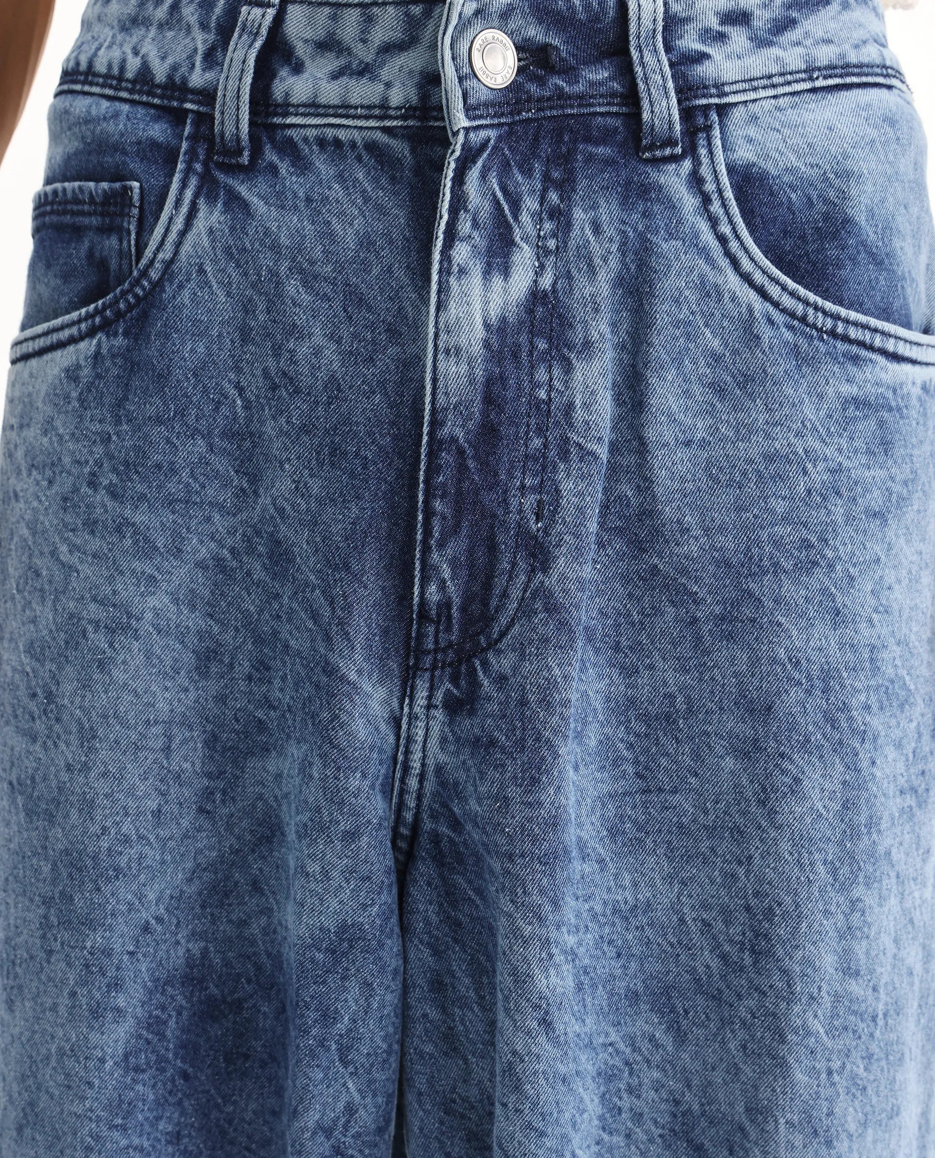 Rare Rabbit Men's Baey Blue Cotton Plain Baggy Fit Jeans