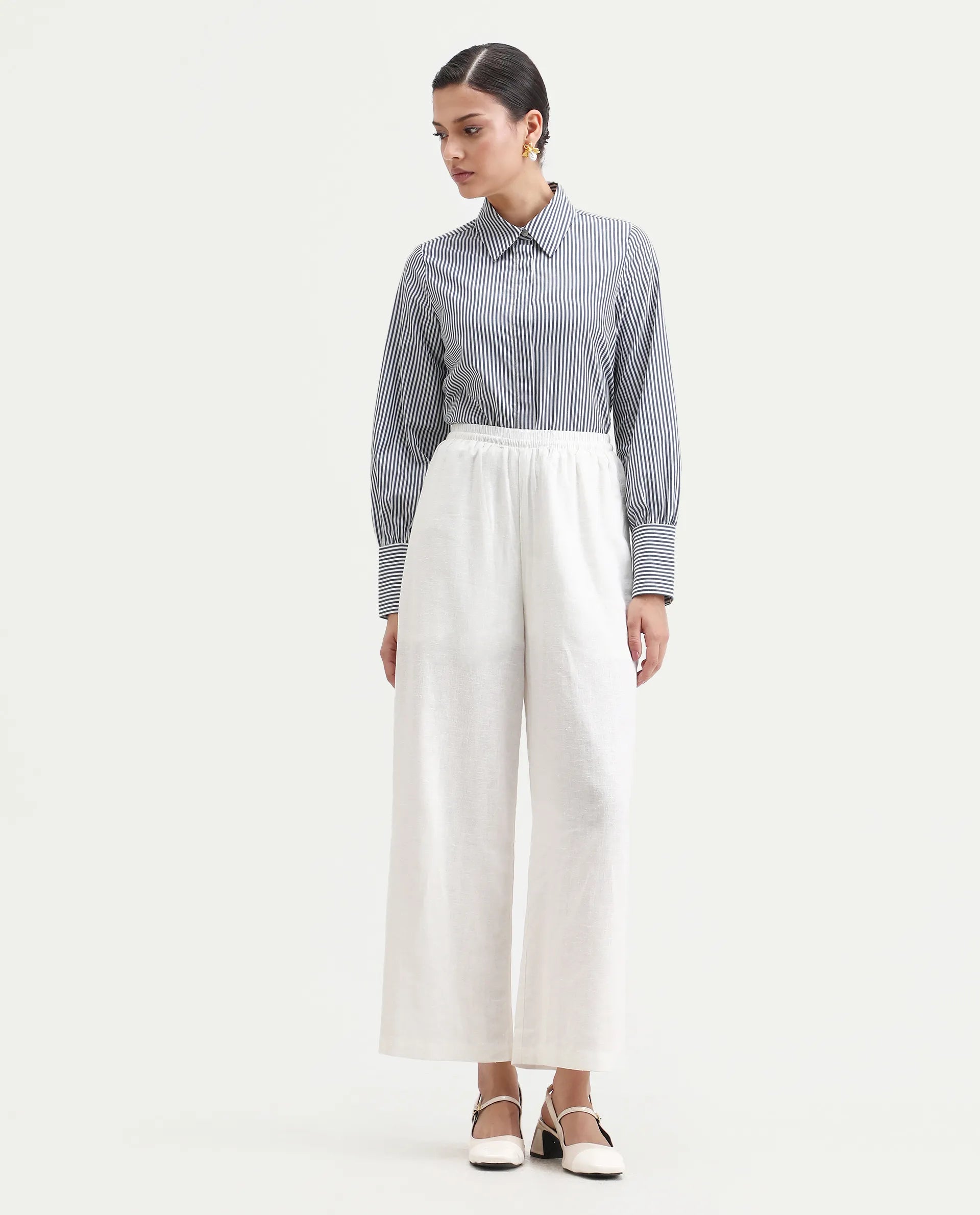 Rareism Women's Bajoc Navy Cotton Collared Neck Regular Fit Shirt