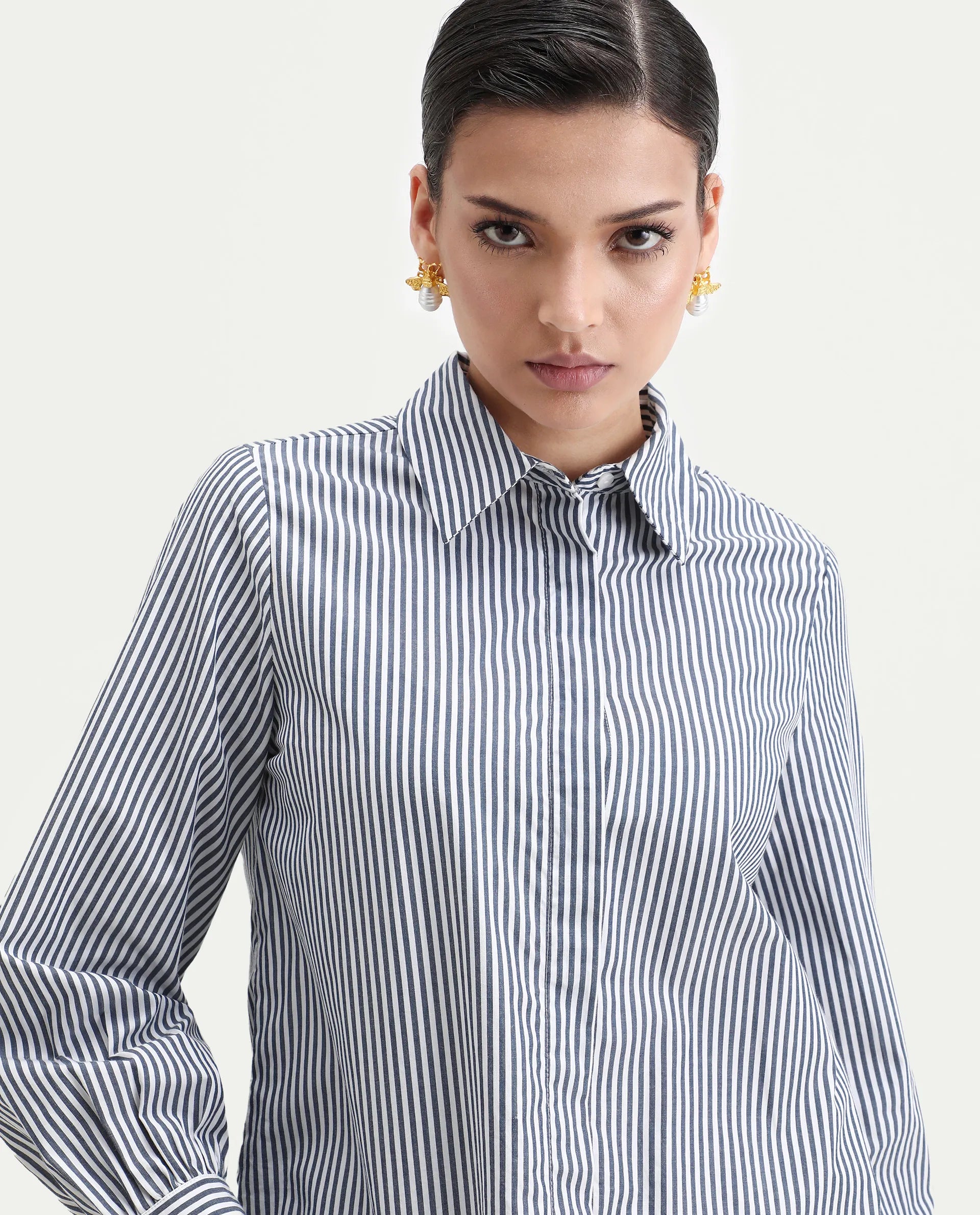 Rareism Women's Bajoc Navy Cotton Collared Neck Regular Fit Shirt