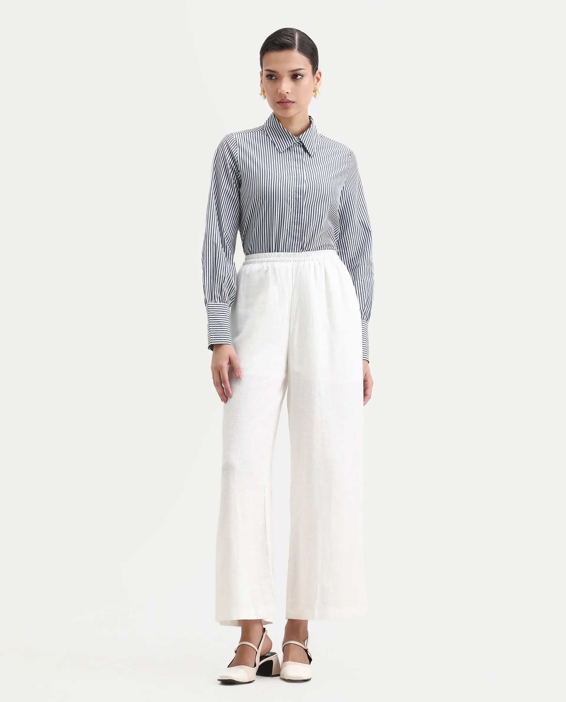 Rareism Women's Bajoc Navy Cotton Collared Neck Regular Fit Shirt