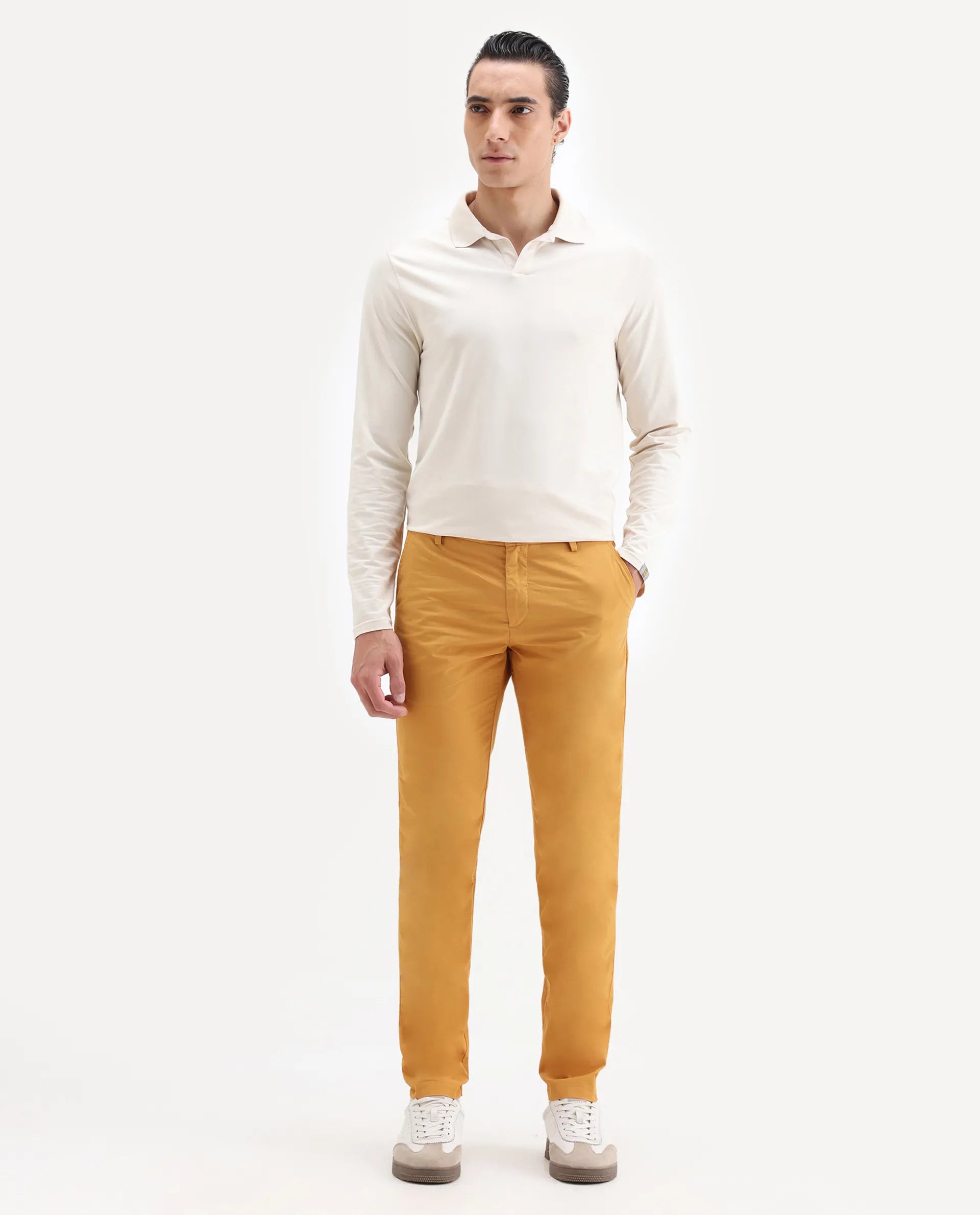 Rare Rabbit Men's Bake Mustard Cotton Plain Regular Fit Trouser