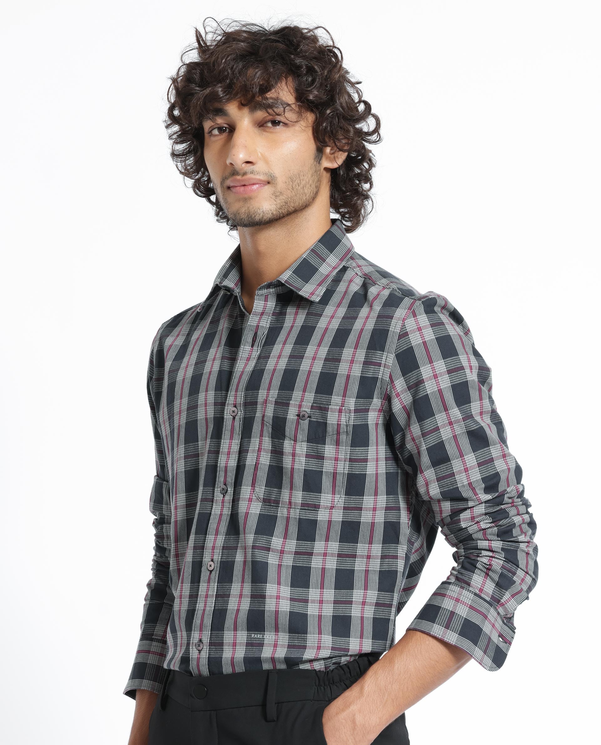 Rare Rabbit Men's Bale Black Cotton Fabric Full Sleeves Checks Shirt