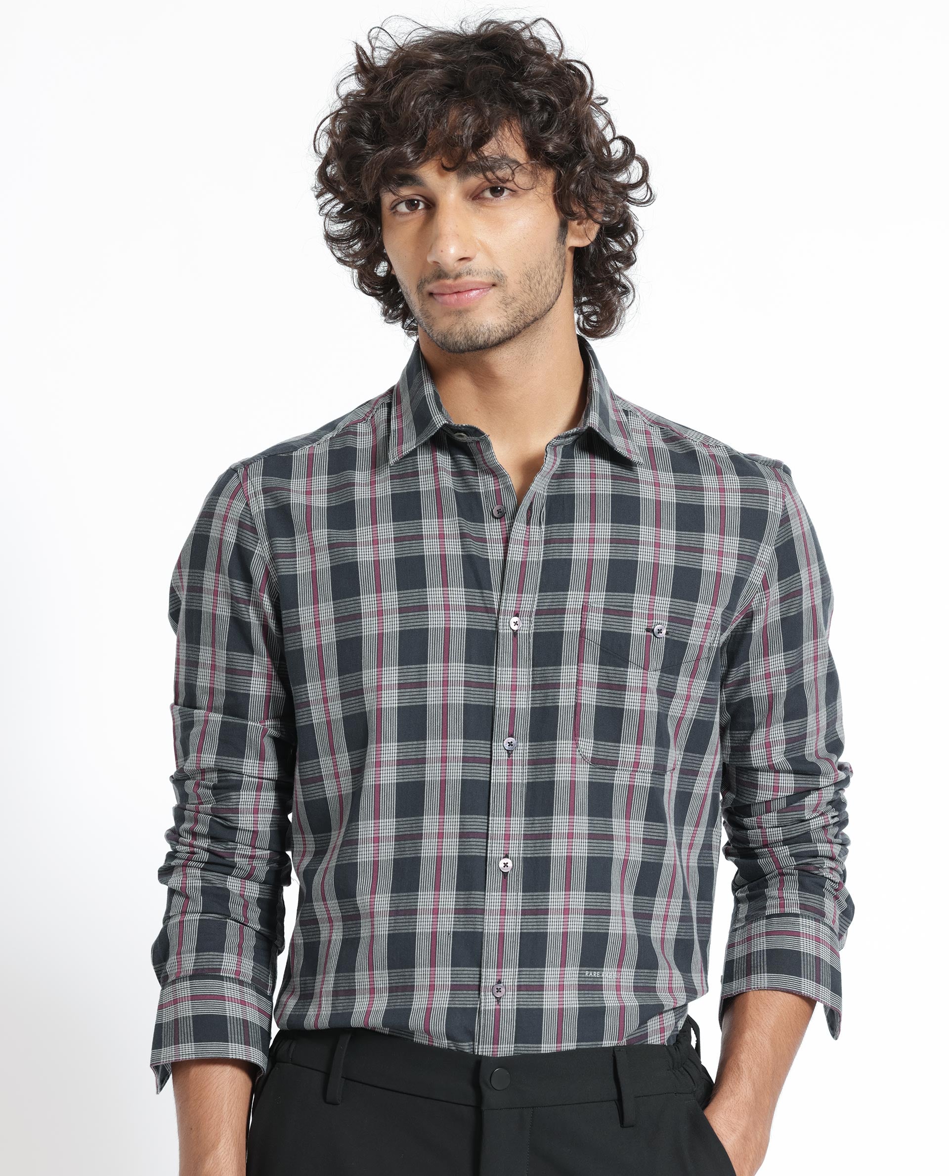 Rare Rabbit Men's Bale Black Cotton Fabric Full Sleeves Checks Shirt