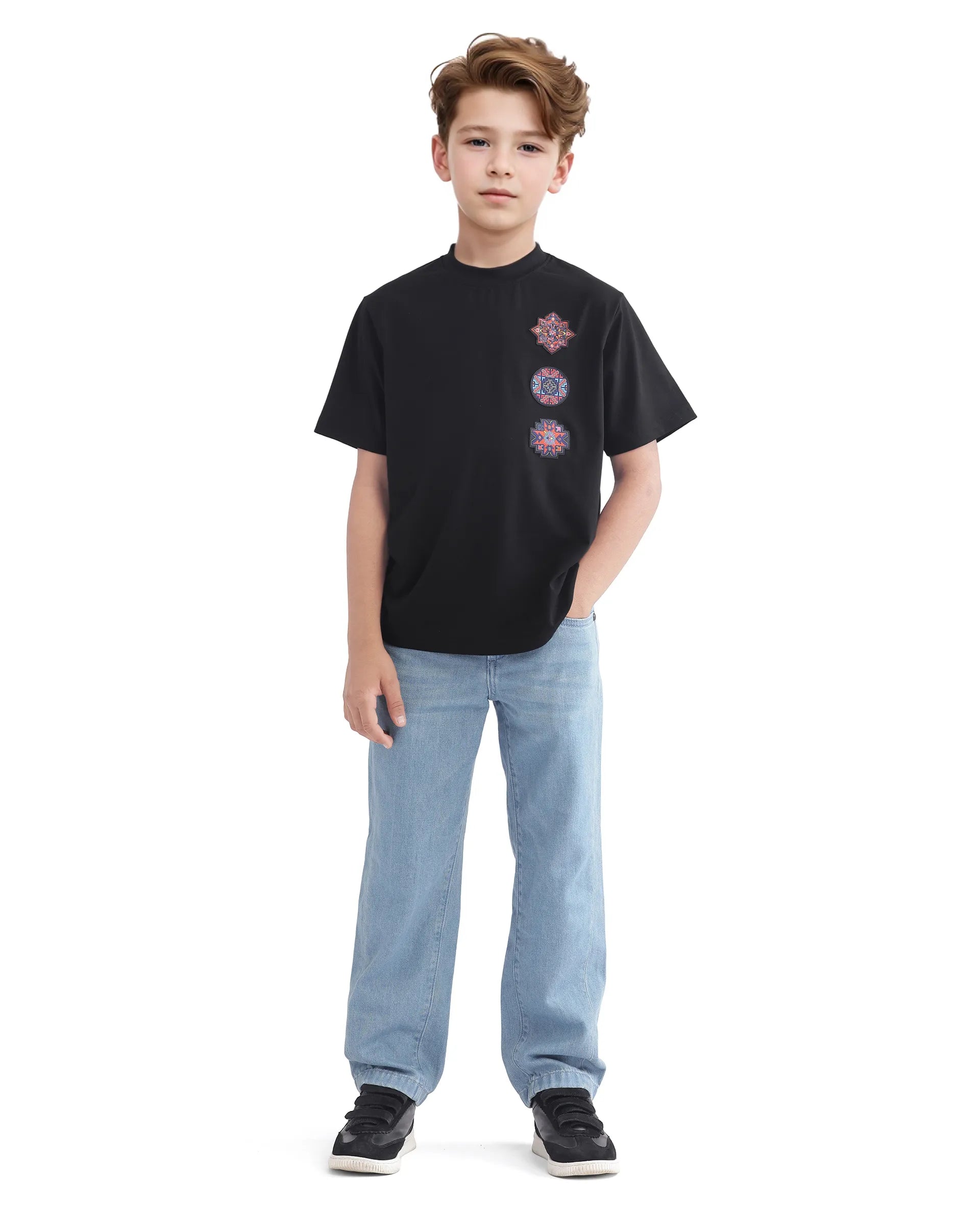 Rare Ones Kids Bale-K Black Cotton Blend Half Sleeve Slip-On Applique Regular Fit T-Shirt