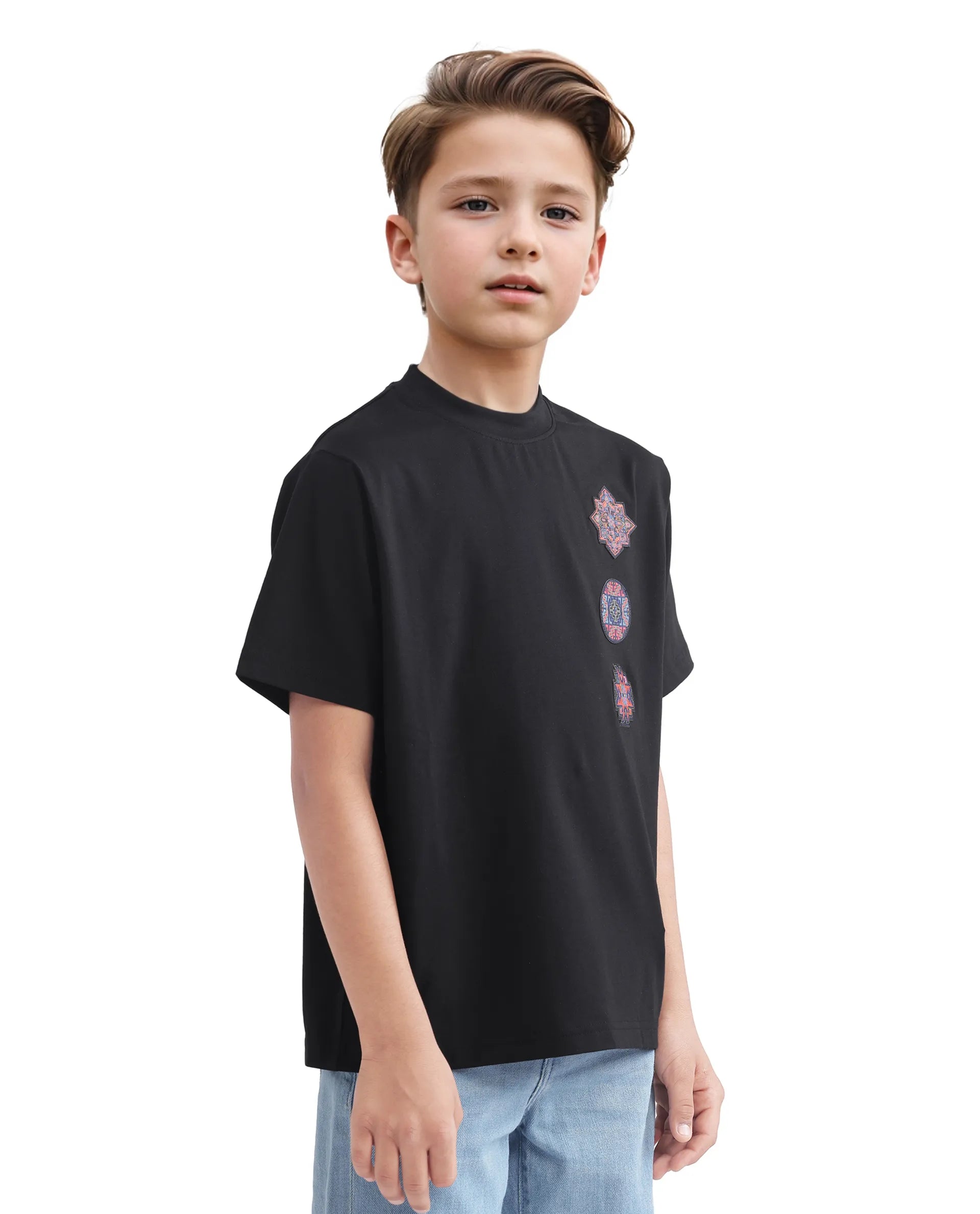 Rare Ones Kids Bale-K Black Cotton Blend Half Sleeve Slip-On Applique Regular Fit T-Shirt