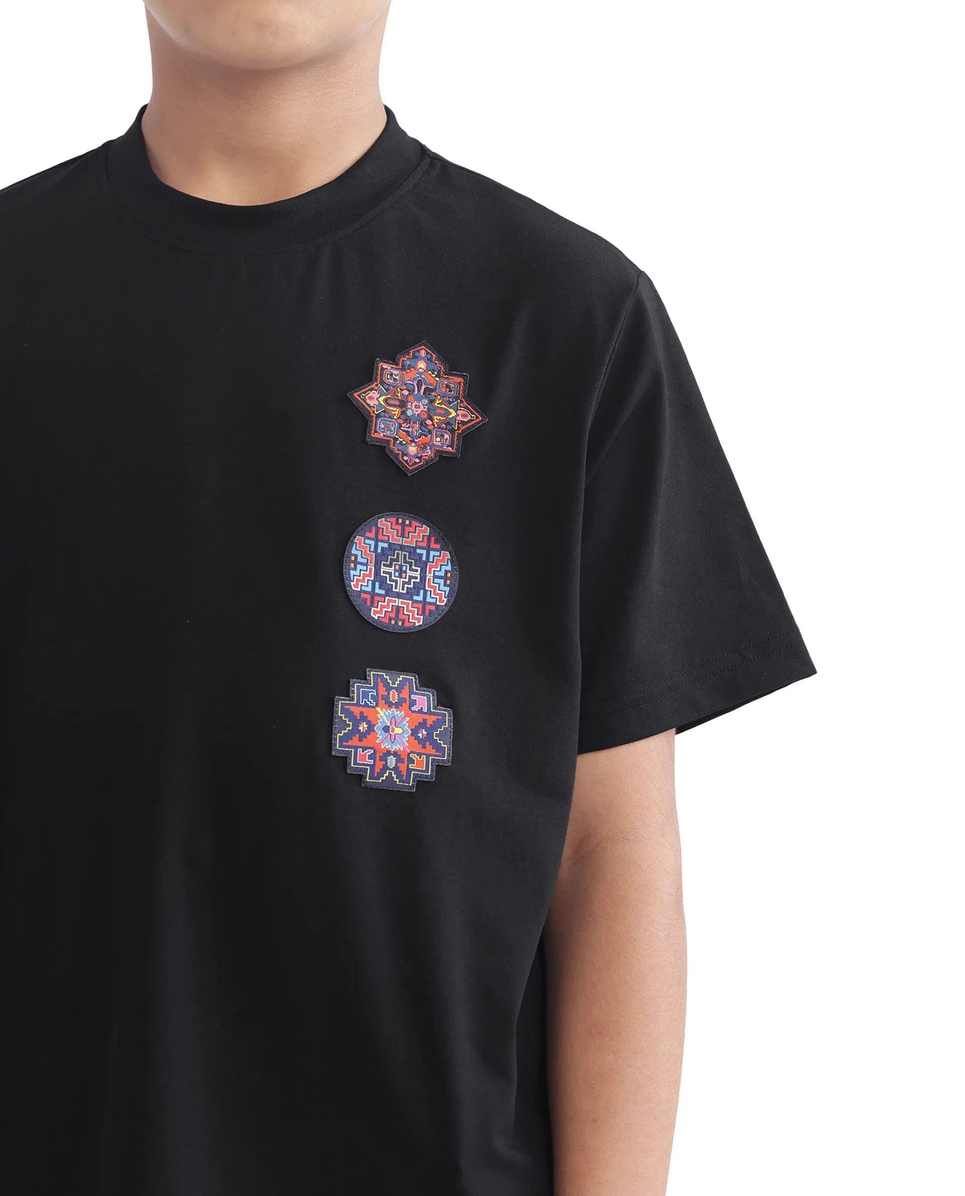 Rare Ones Kids Bale-K Black Cotton Blend Half Sleeve Slip-On Applique Regular Fit T-Shirt