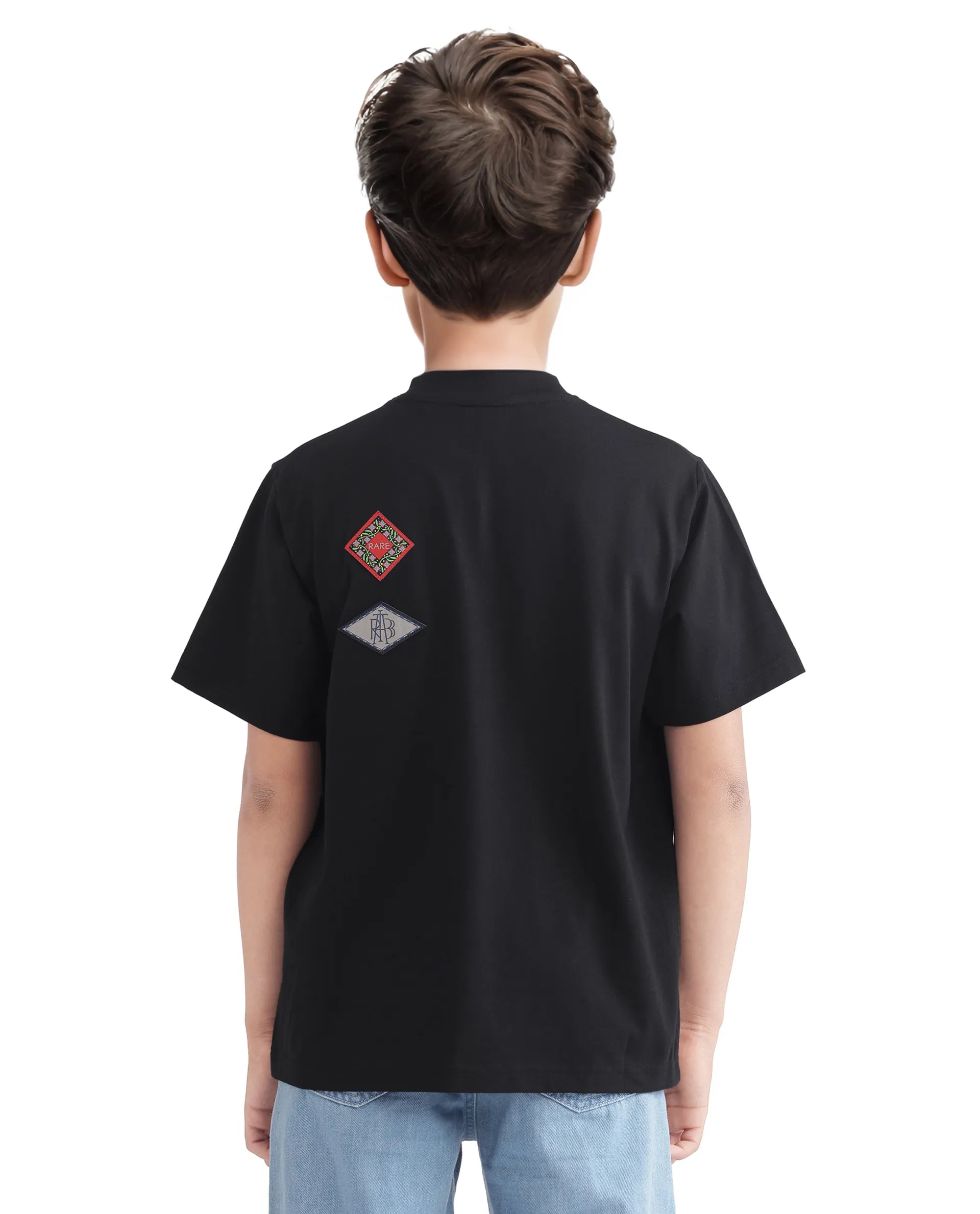 Rare Ones Kids Bale-K Black Cotton Blend Half Sleeve Slip-On Applique Regular Fit T-Shirt