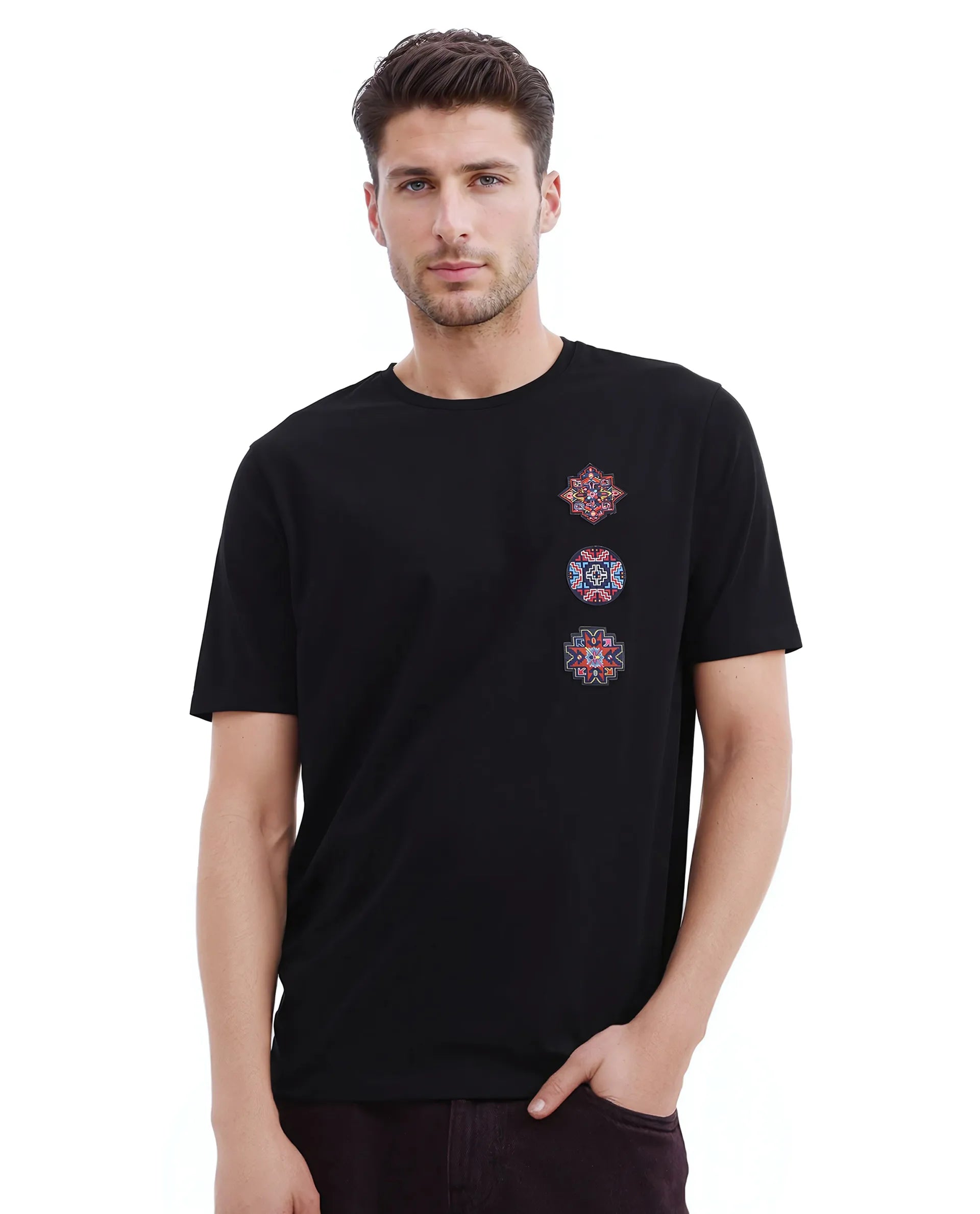 Rare Rabbit Men Bale Black Cotton Blend Fabric Short Sleeve Crew Neck Relaxed Fit Label T-Shirt