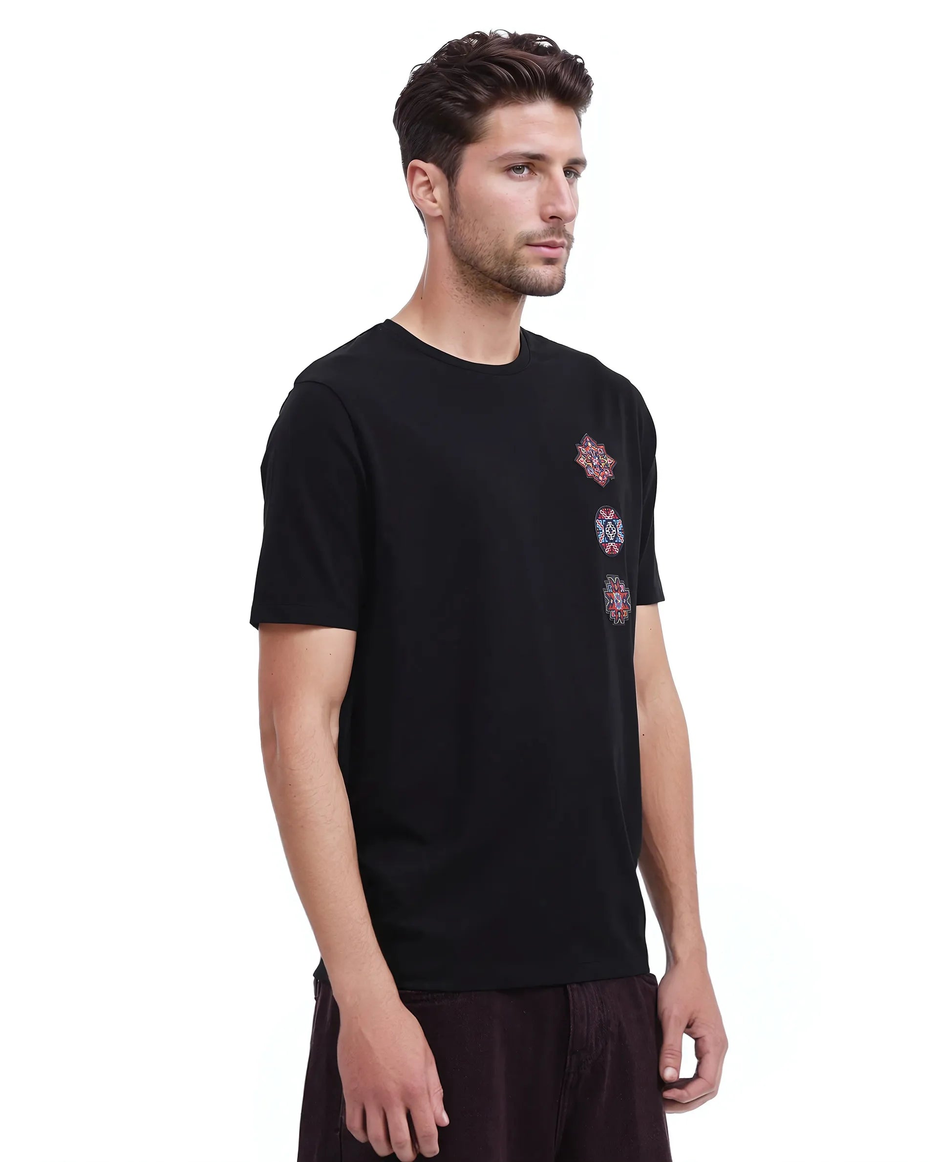 Rare Rabbit Men Bale Black Cotton Blend Fabric Short Sleeve Crew Neck Relaxed Fit Label T-Shirt