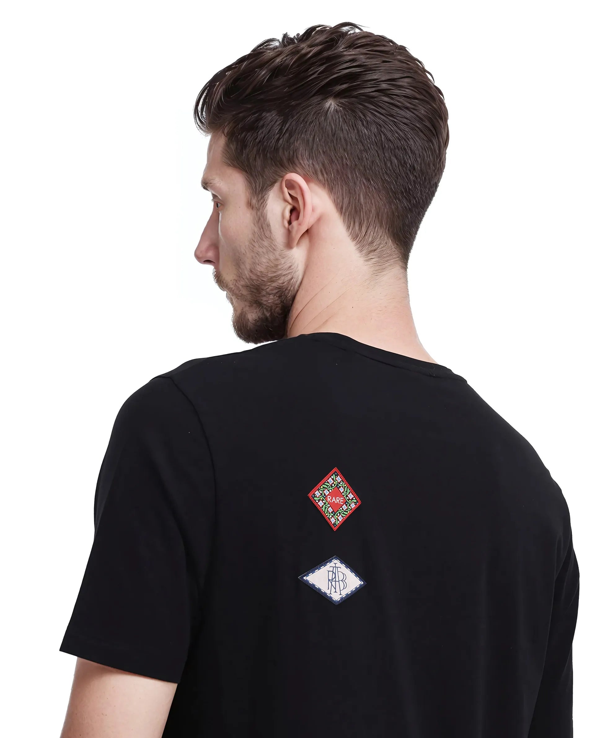 Rare Rabbit Men Bale Black Cotton Blend Fabric Short Sleeve Crew Neck Relaxed Fit Label T-Shirt