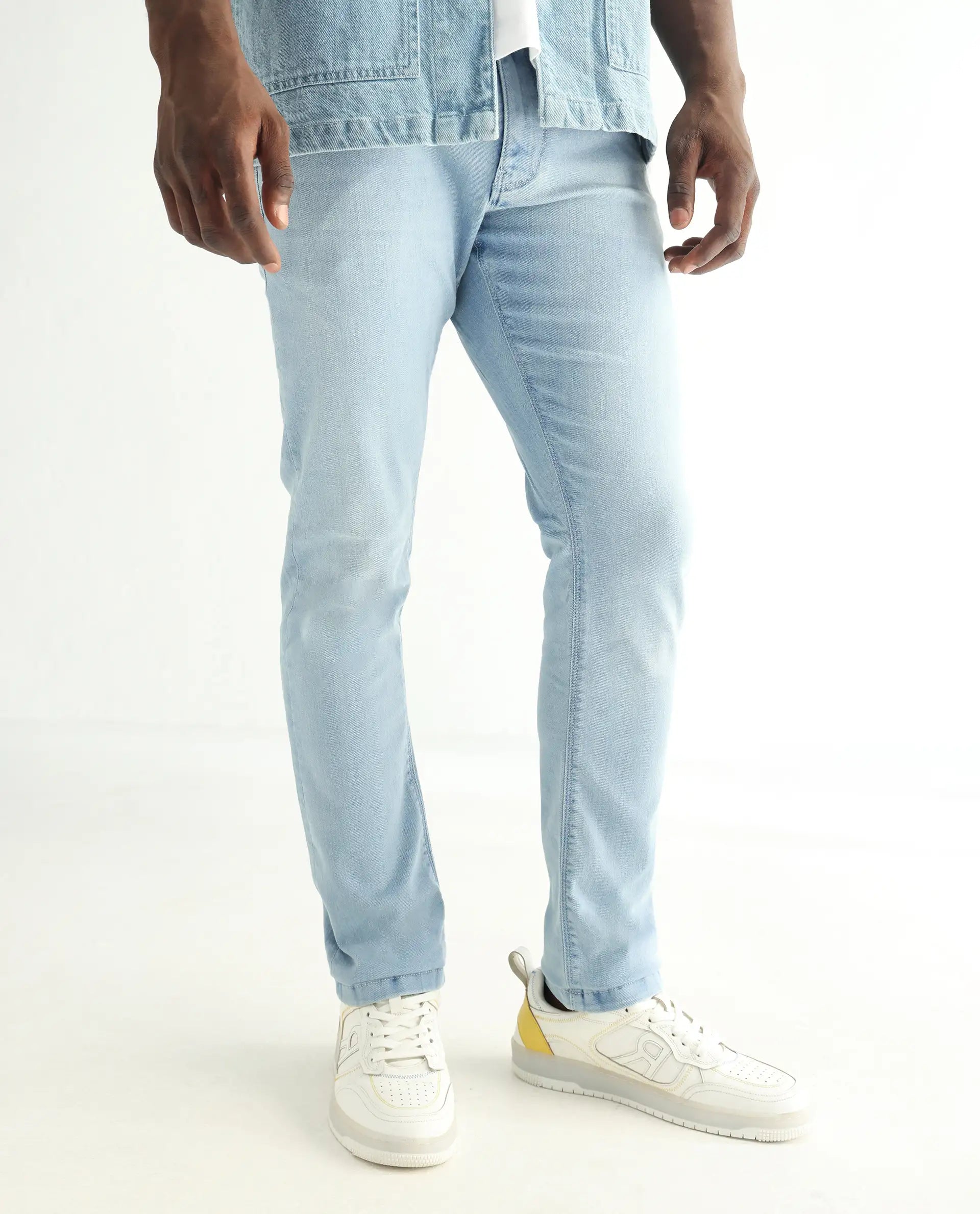 Rare Rabbit Men's Baltoy Blue Cotton Plain Hawk Slim Fit Jeans