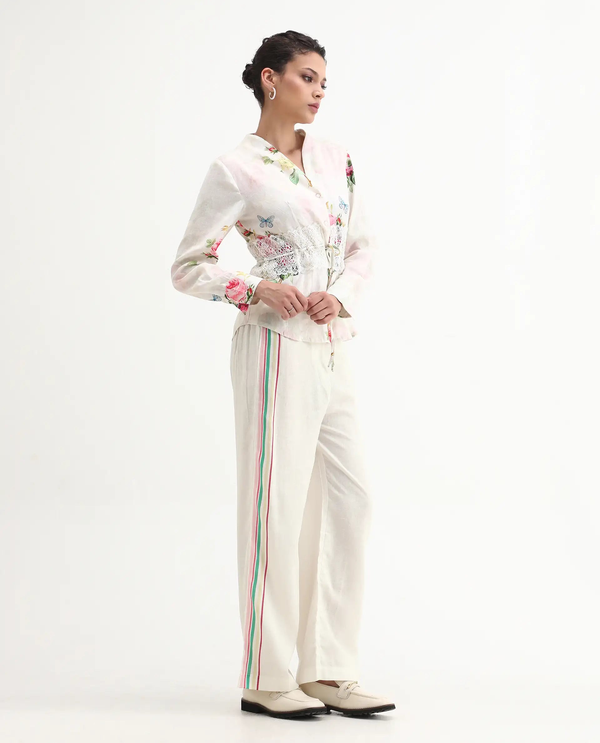 Rareism Women's Banche-B Off White Cotton Blend Floral Print Ankle Length Straight Fit Trouser