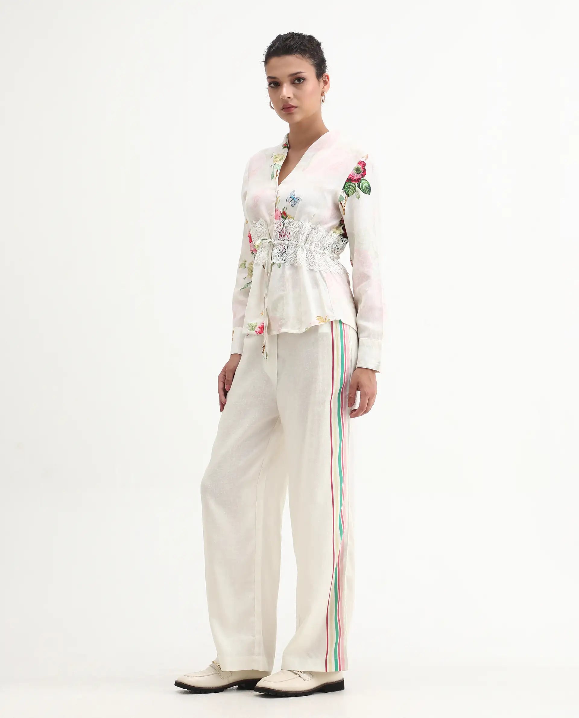 Rareism Women's Banche-B Off White Cotton Blend Floral Print Ankle Length Straight Fit Trouser