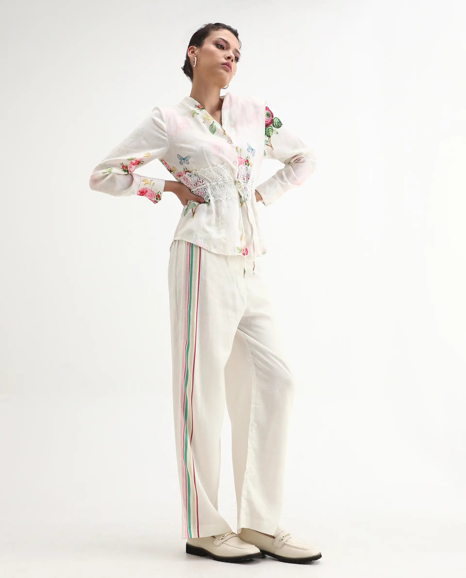 Rareism Women's Banche-B Off White Cotton Blend Floral Print Ankle Length Straight Fit Trouser