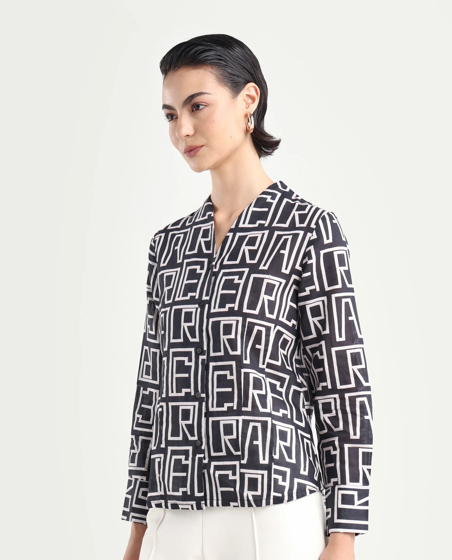 Rareism Women's Bancheo Black Cotton Blend V-Neck Monogram Print Cuffed Sleeve Regular Fit Shirt