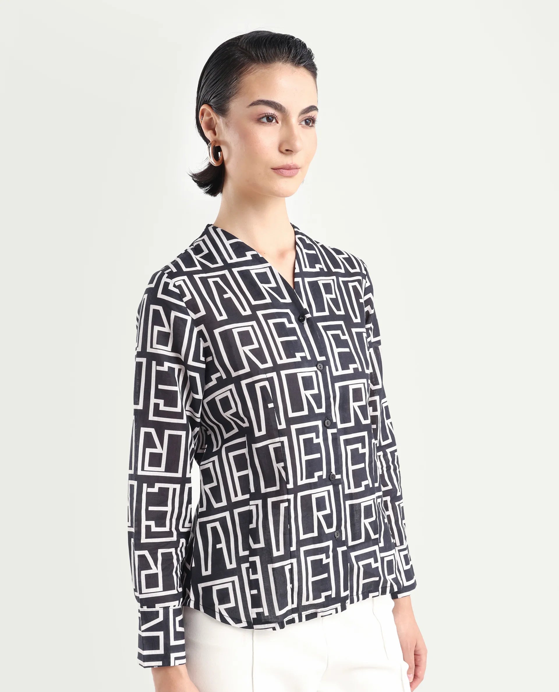 Rareism Women's Bancheo Black Cotton Blend V-Neck Monogram Print Cuffed Sleeve Regular Fit Shirt