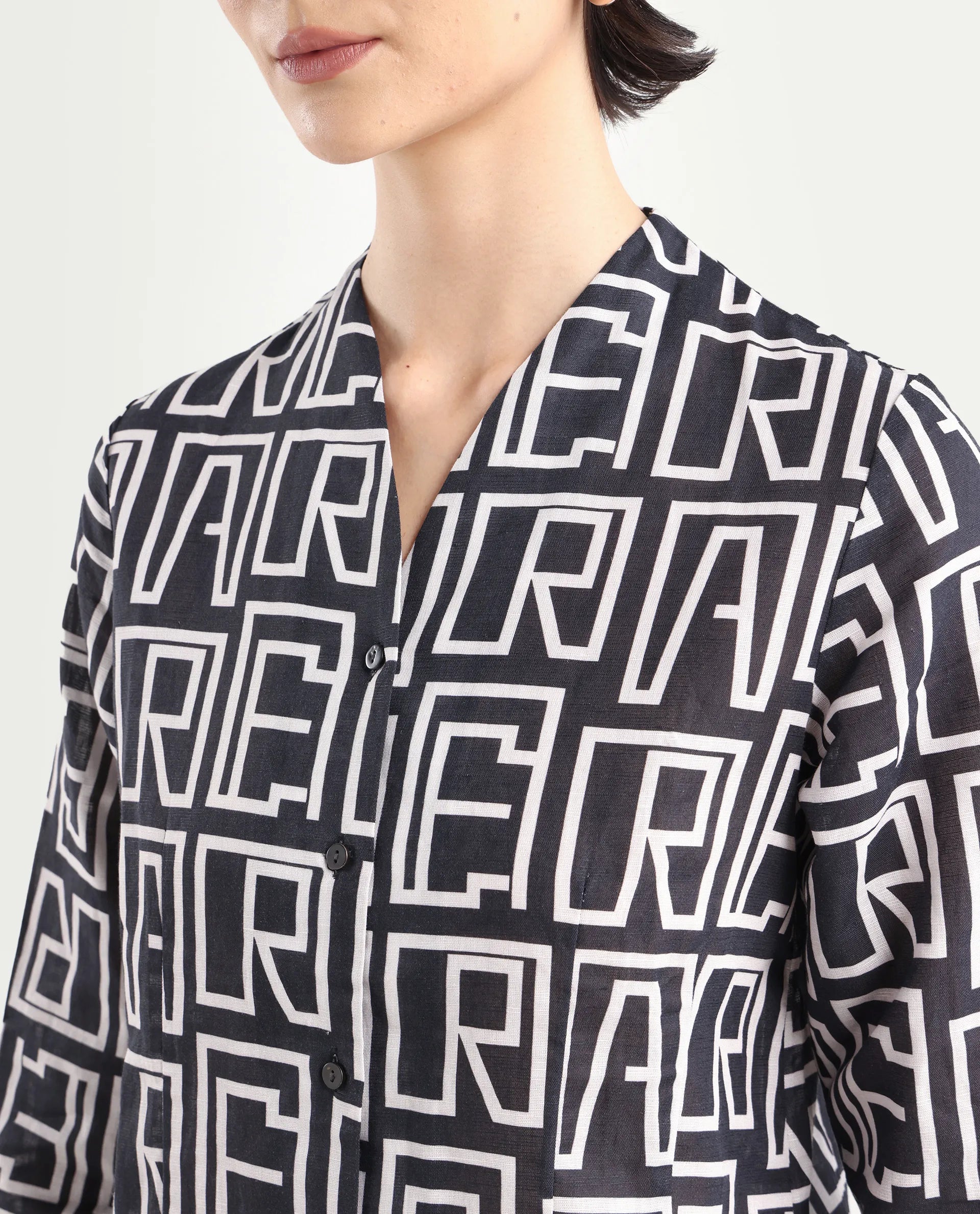 Rareism Women's Bancheo Black Cotton Blend V-Neck Monogram Print Cuffed Sleeve Regular Fit Shirt