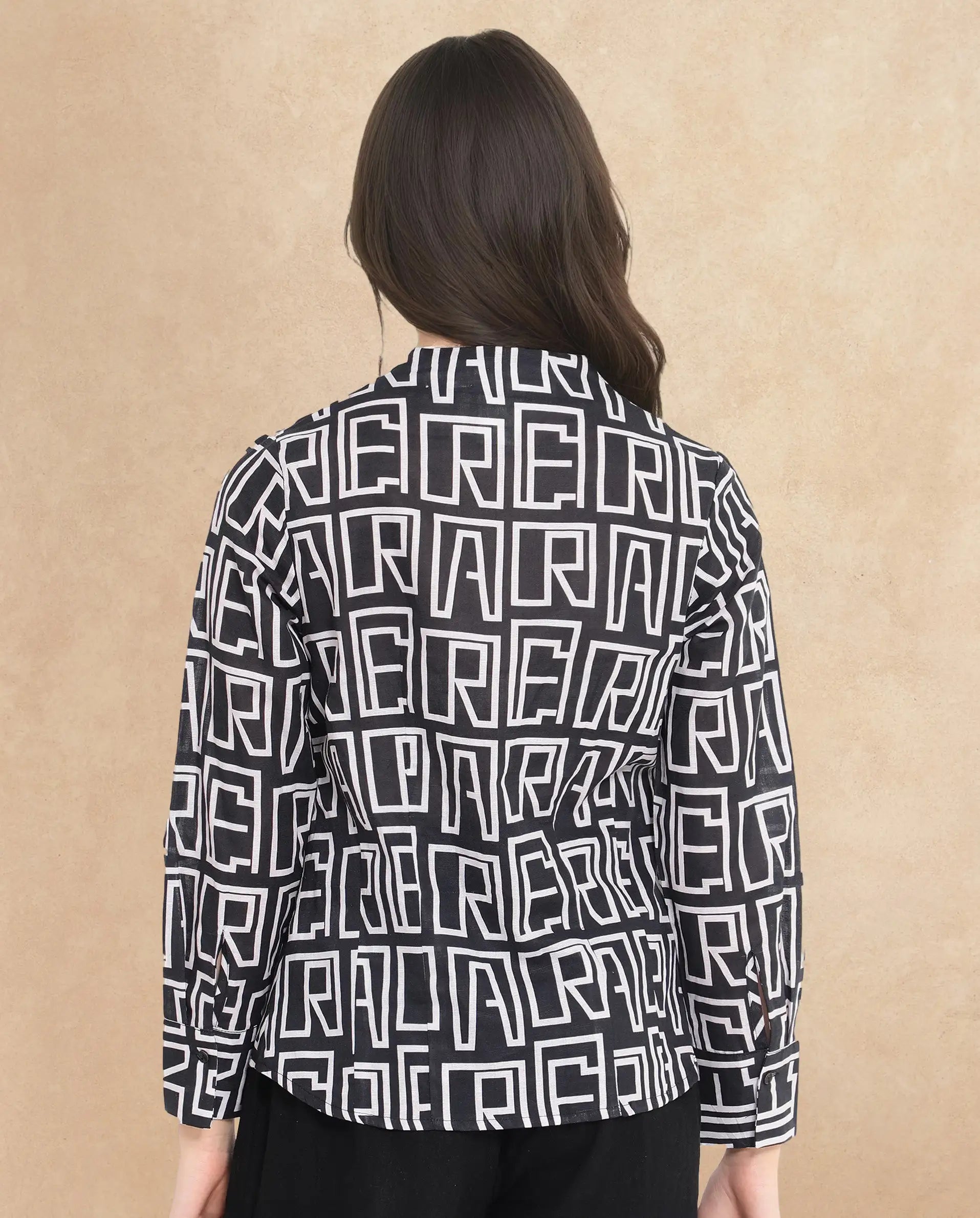 Rareism Women Bancheo Black Cuffed Sleeve V-Neck Button Monogram Print Top