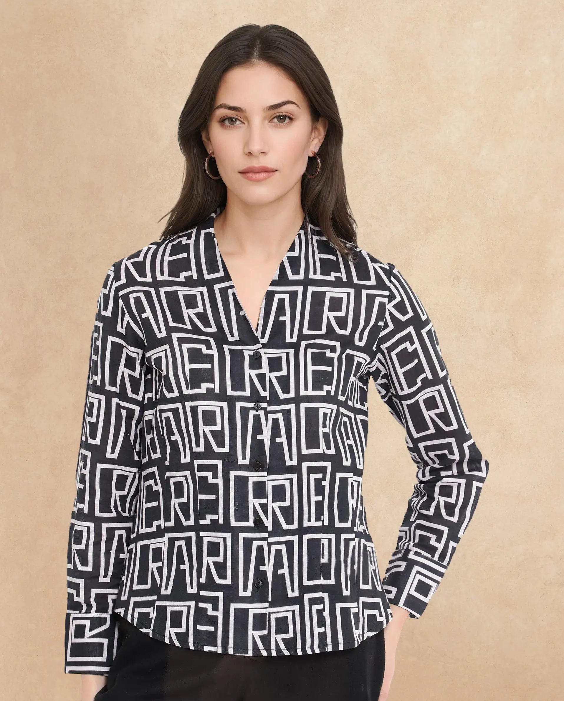 Rareism Women Bancheo Black Cuffed Sleeve V-Neck Button Monogram Print Top
