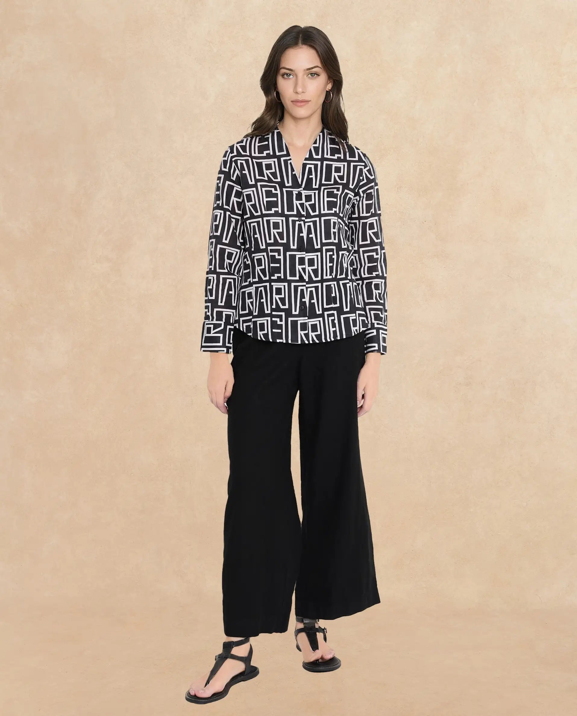 Rareism Women Bancheo Black Cuffed Sleeve V-Neck Button Monogram Print Top