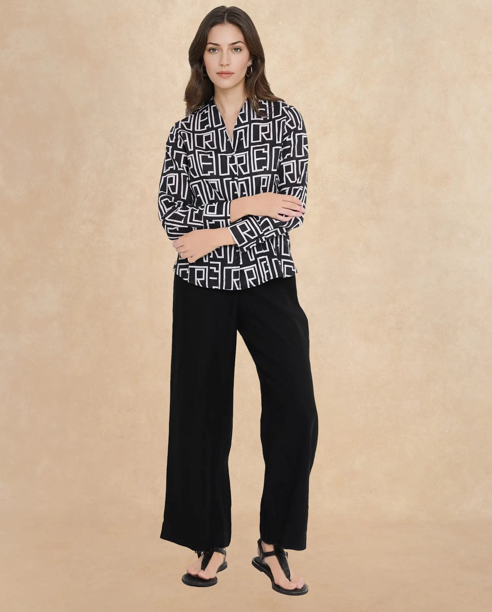 Rareism Women Bancheo Black Cuffed Sleeve V-Neck Button Monogram Print Top