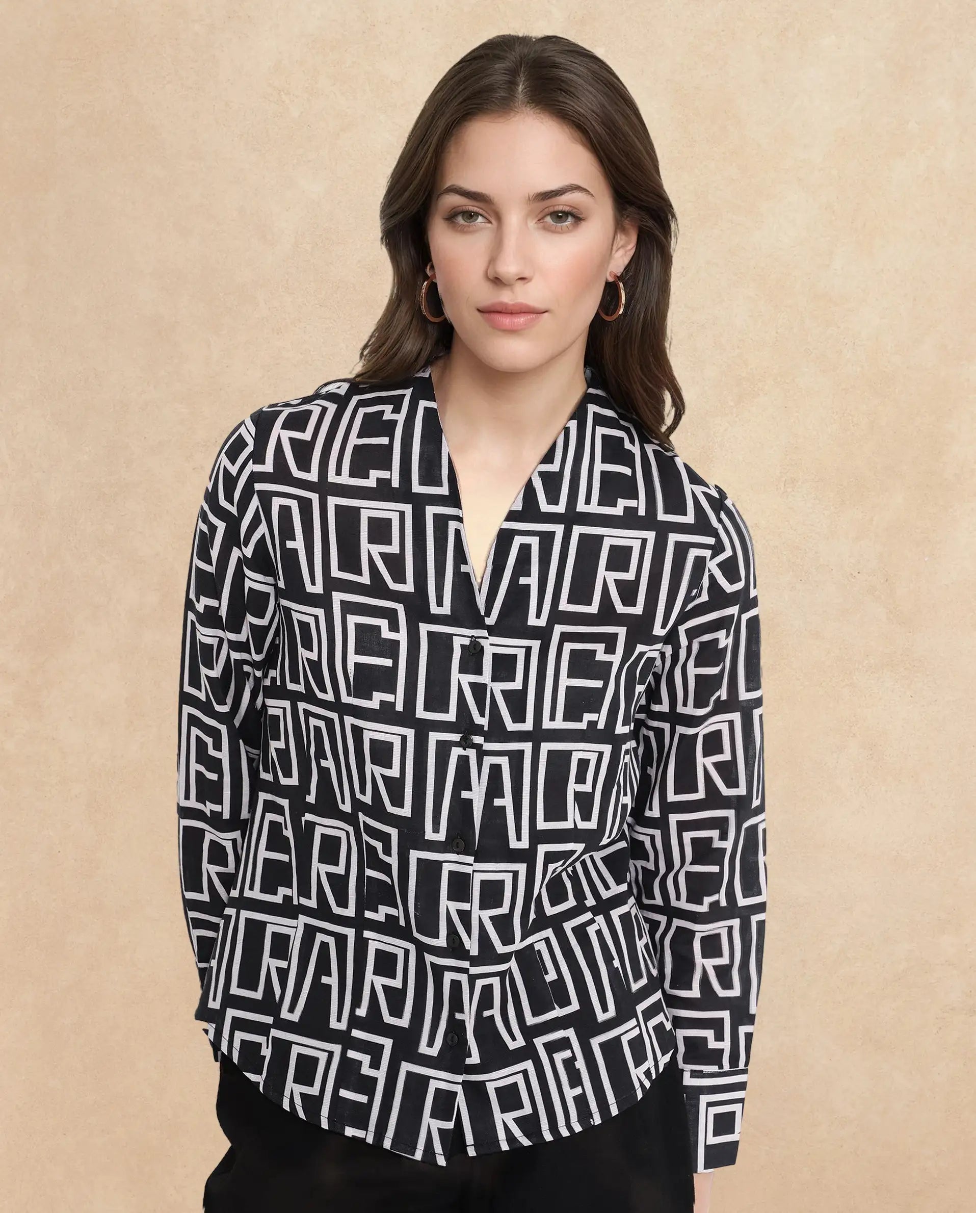 Rareism Women Bancheo Black Cuffed Sleeve V-Neck Button Monogram Print Top