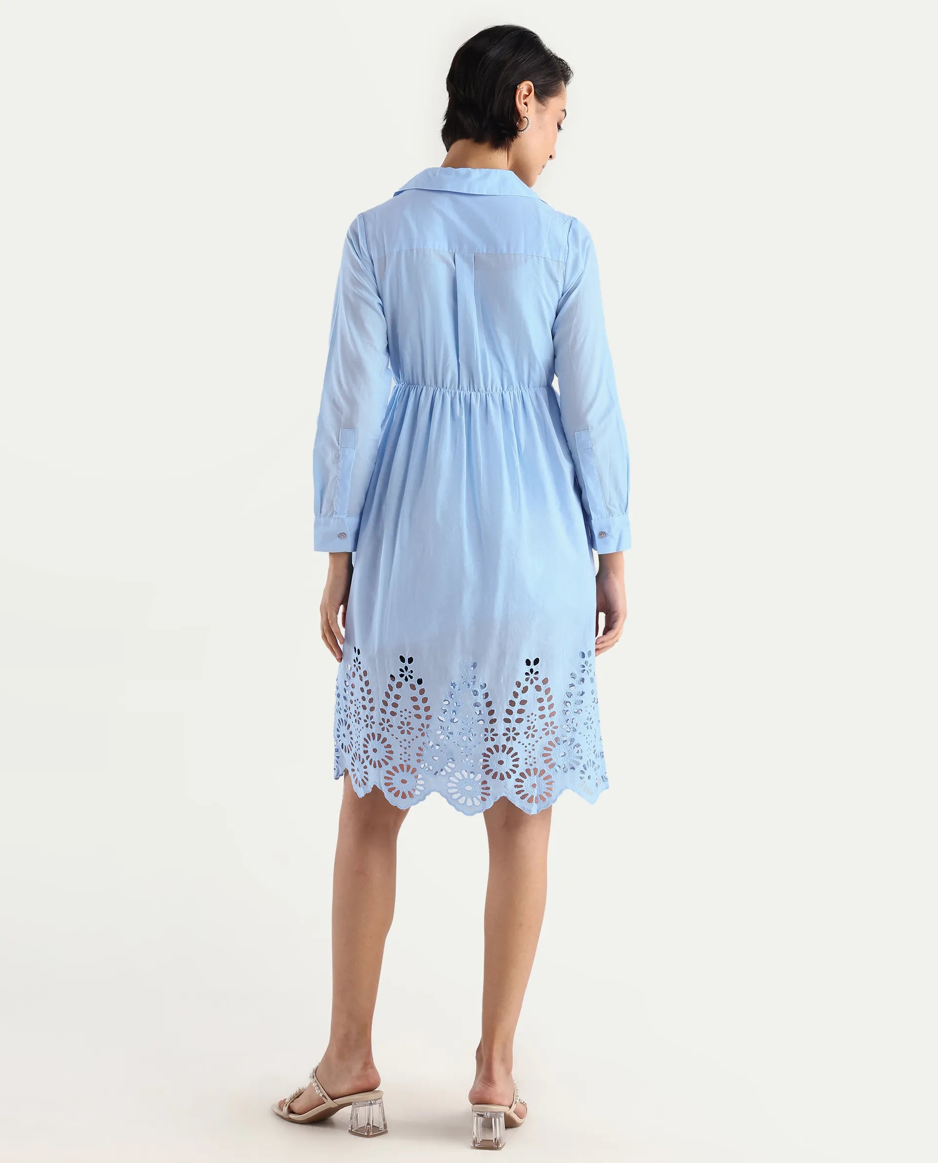 Rareism Women's Bandalina Blue Cotton Drop Collar Plain Cuffed Sleeve Midi Fit And Flare Dress