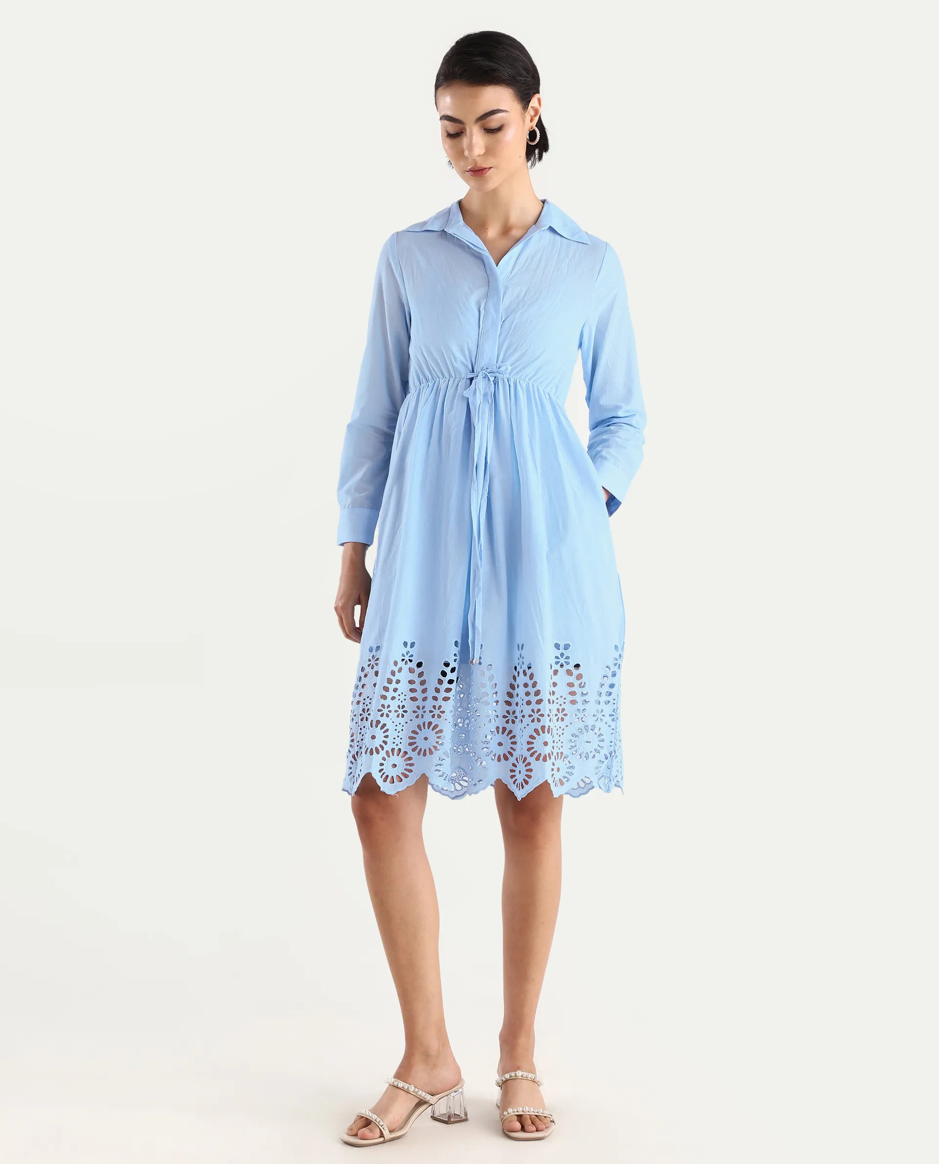 Rareism Women's Bandalina Blue Cotton Drop Collar Plain Cuffed Sleeve Midi Fit And Flare Dress